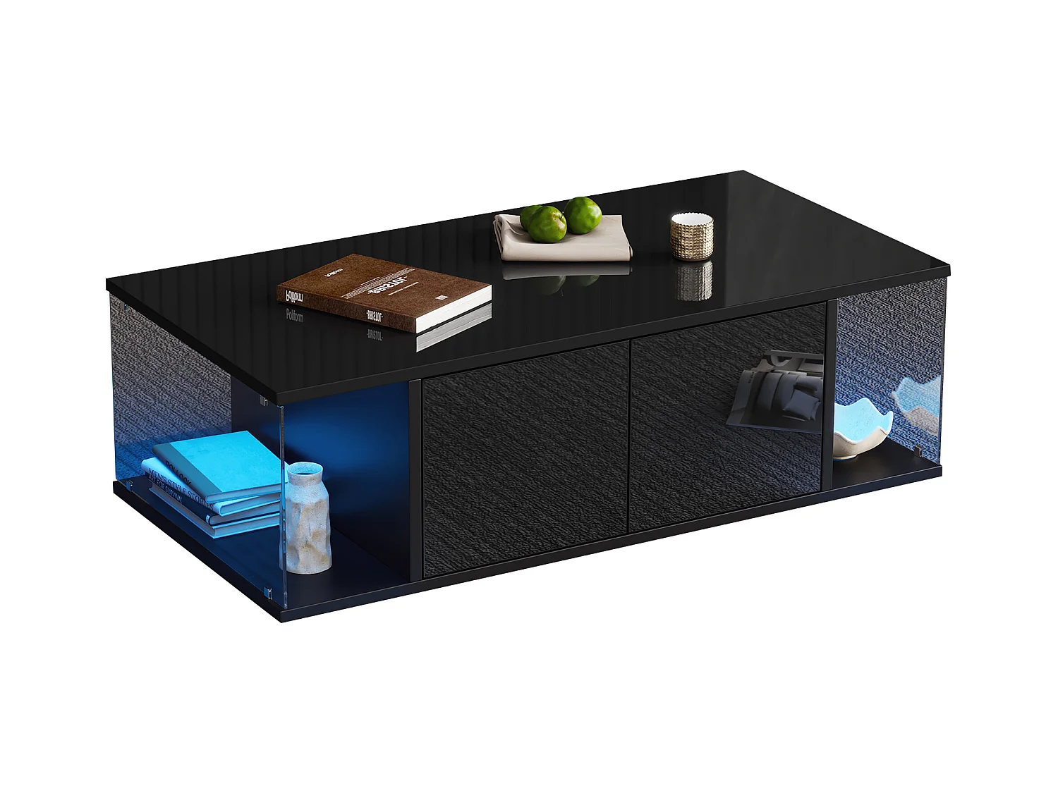 Table basse de salon avec LED, design haut de gamme, panneau de particules et verre trempé, noir (100x50x30cm)