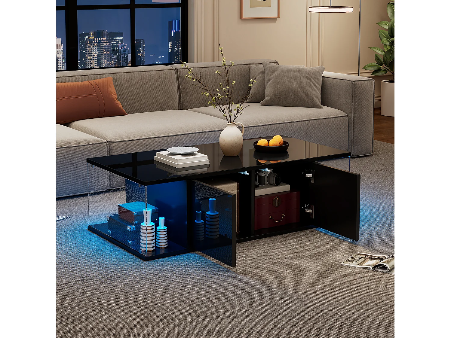 Table basse de salon avec LED, design haut de gamme, panneau de particules et verre trempé, noir (100x50x30cm)