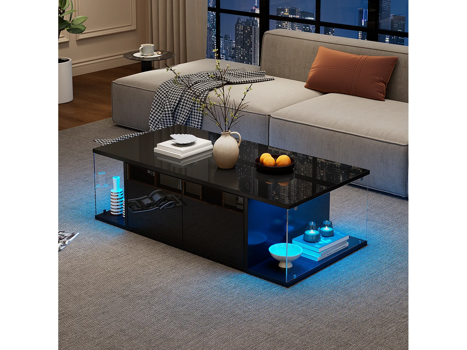Table basse de salon avec LED, design haut de gamme, panneau de particules et verre trempé, noir (100x50x30cm)