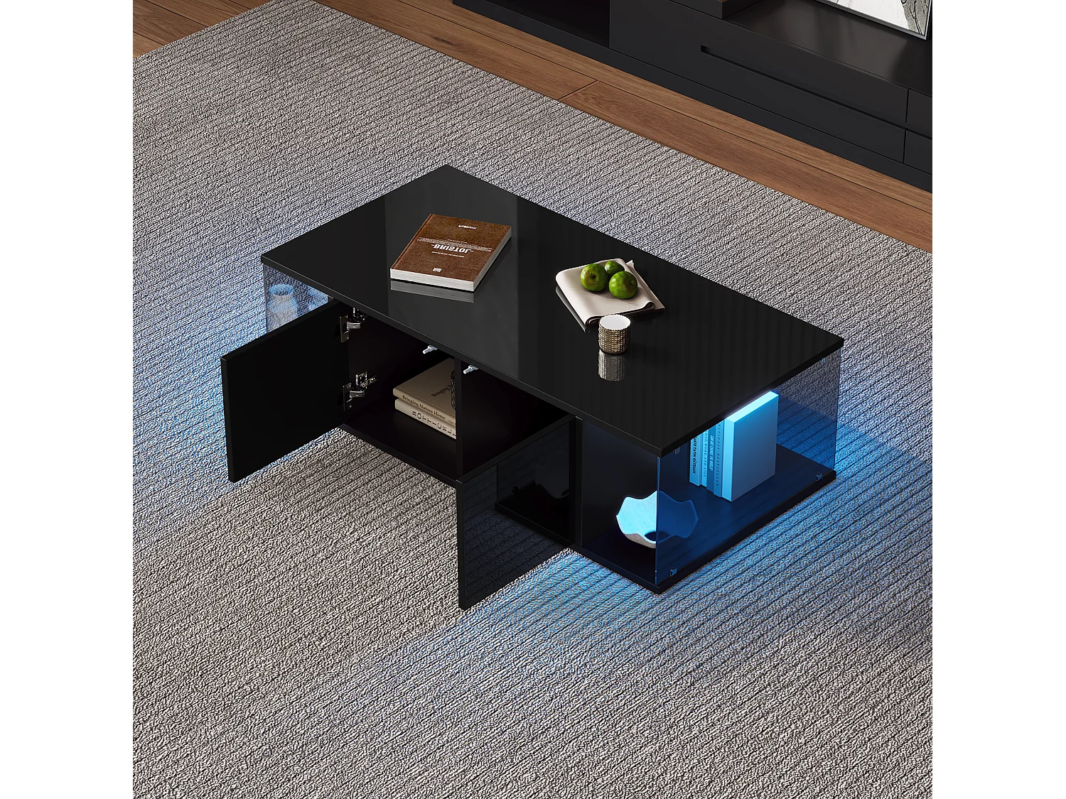 Table basse de salon avec LED, design haut de gamme, panneau de particules et verre trempé, noir (100x50x30cm)