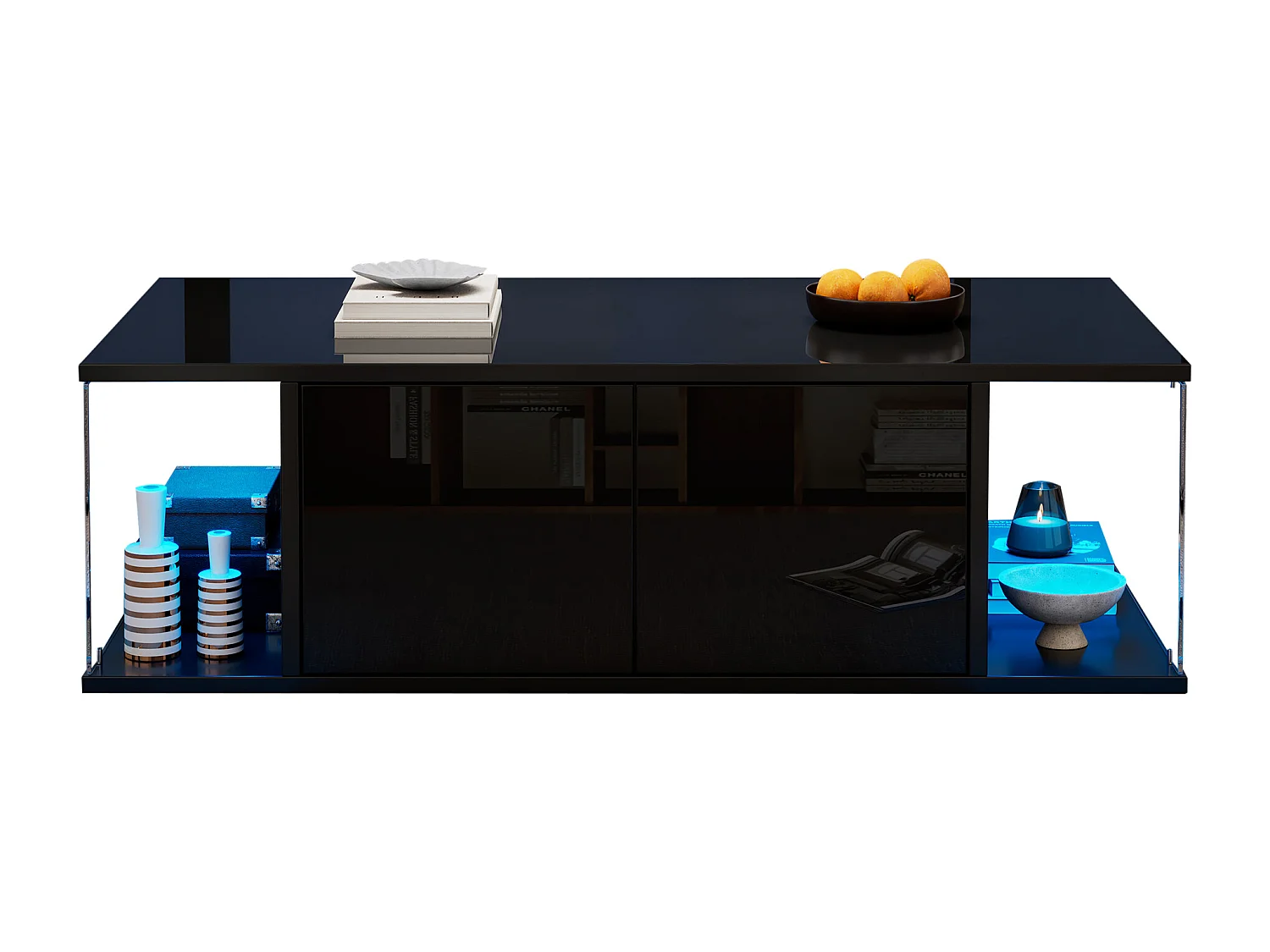 Table basse de salon avec LED, design haut de gamme, panneau de particules et verre trempé, noir (100x50x30cm)