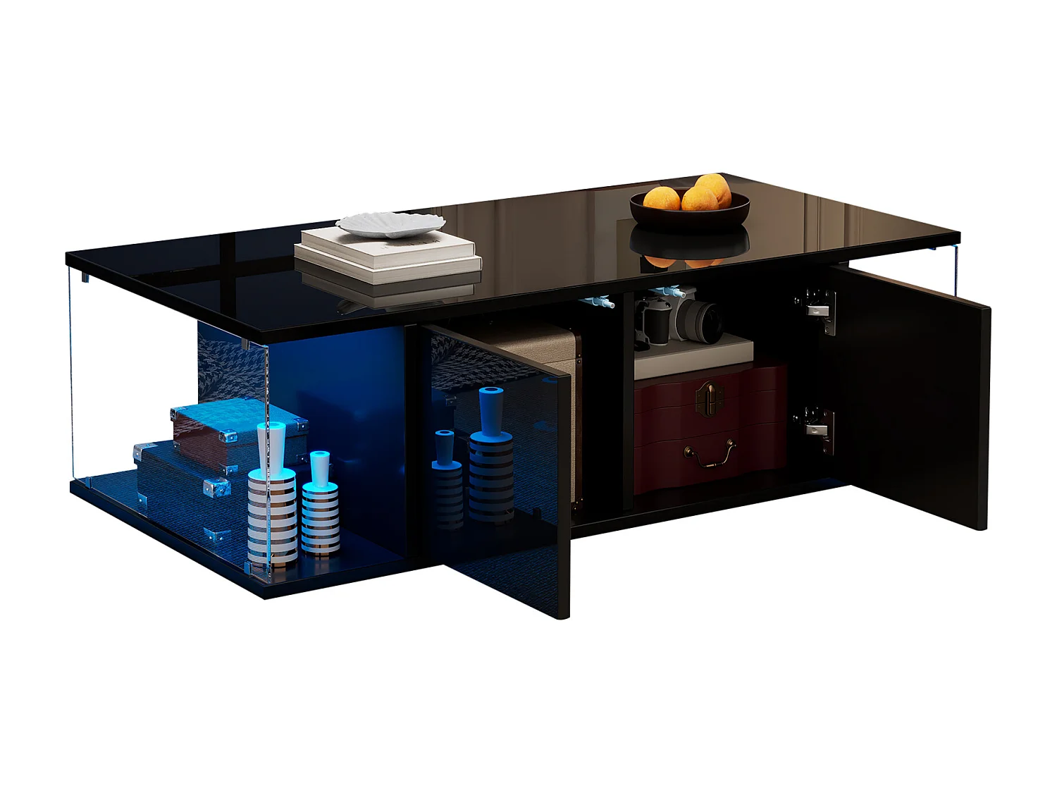 Table basse de salon avec LED, design haut de gamme, panneau de particules et verre trempé, noir (100x50x30cm)