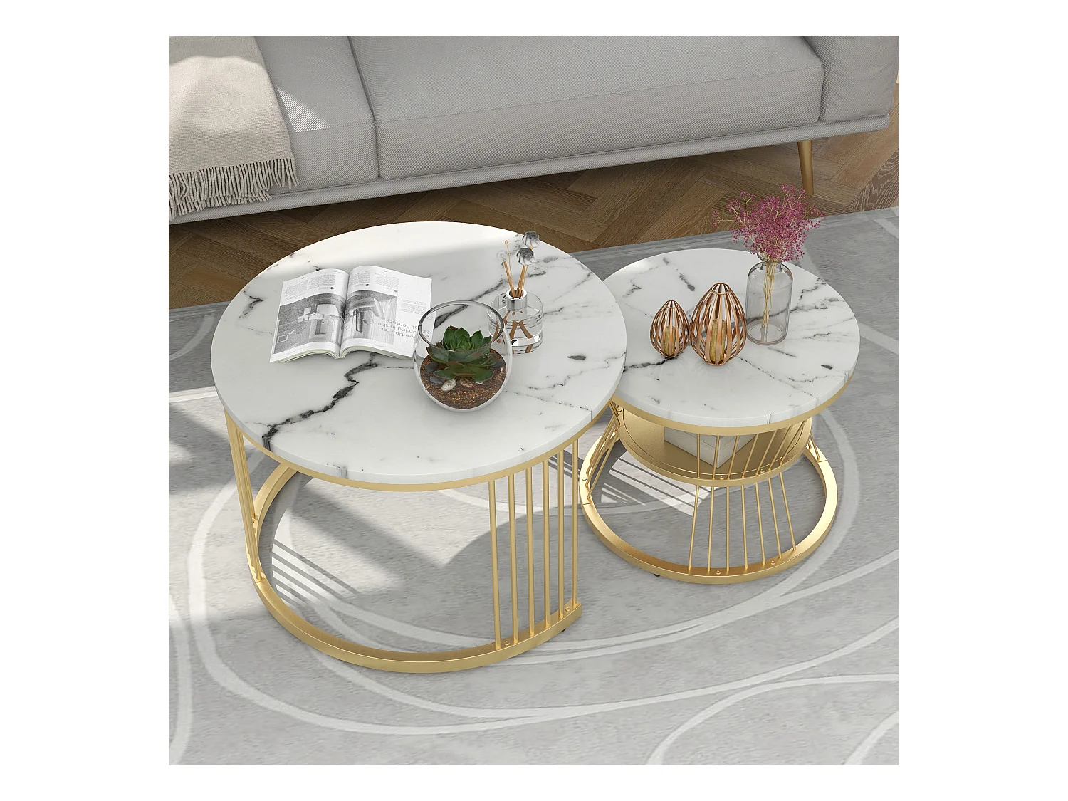 Table basse moderne à empilement, plateau marbré, MDF, blanc, cadre doré (70x70x47cm)