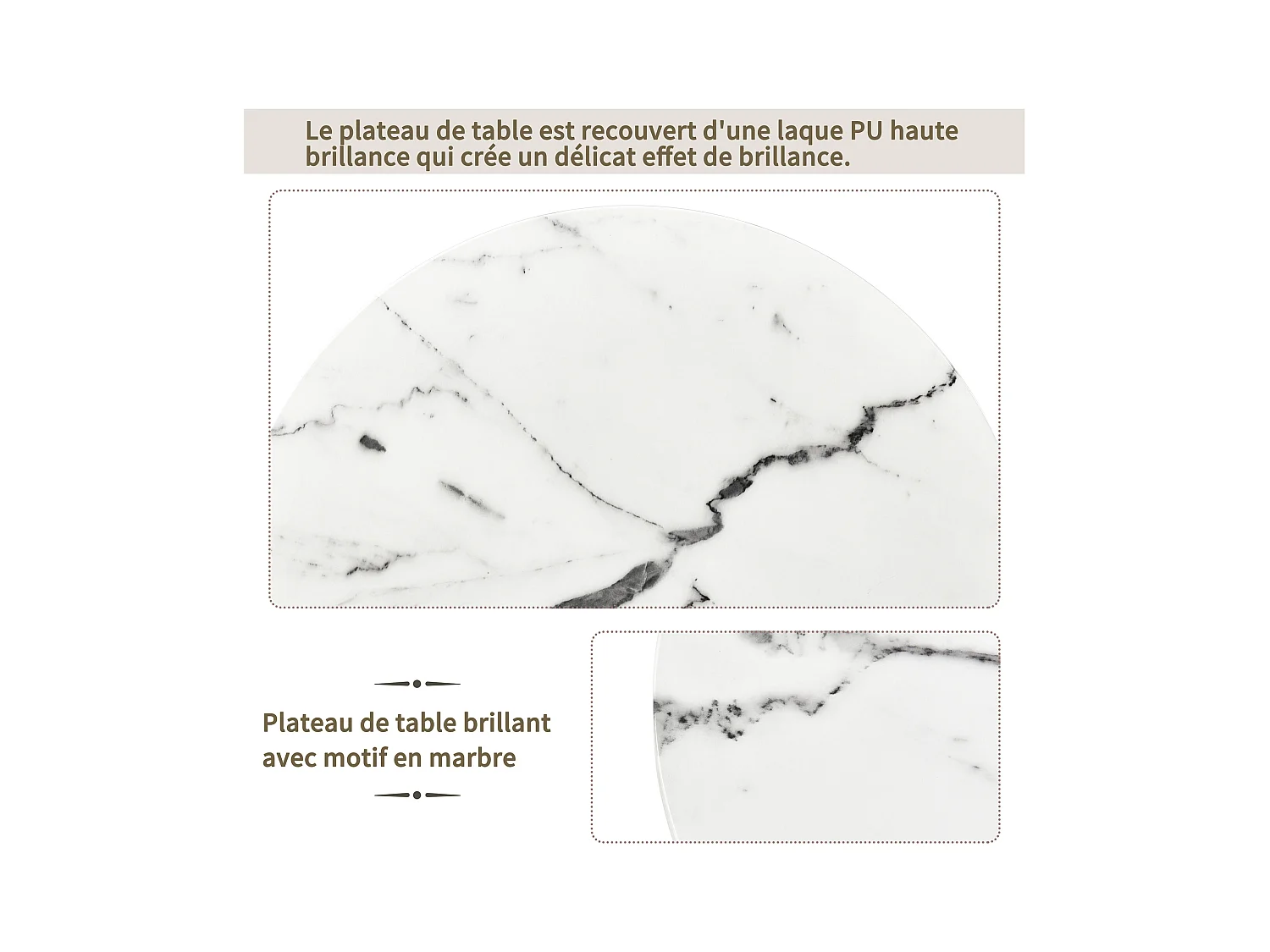 Table basse moderne à empilement, plateau marbré, MDF, blanc, cadre doré (70x70x47cm)