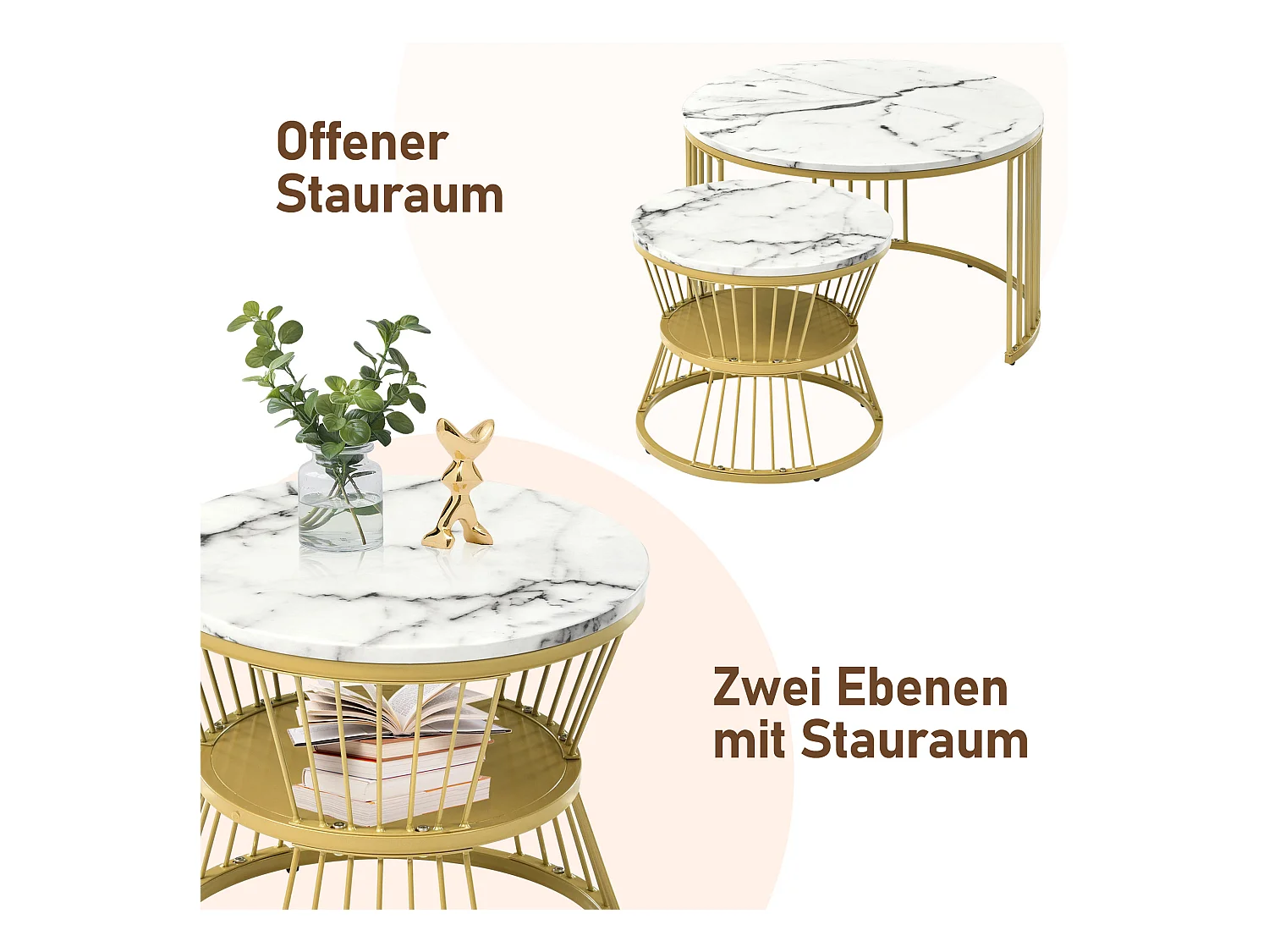 Table basse moderne à empilement, plateau marbré, MDF, blanc, cadre doré (70x70x47cm)