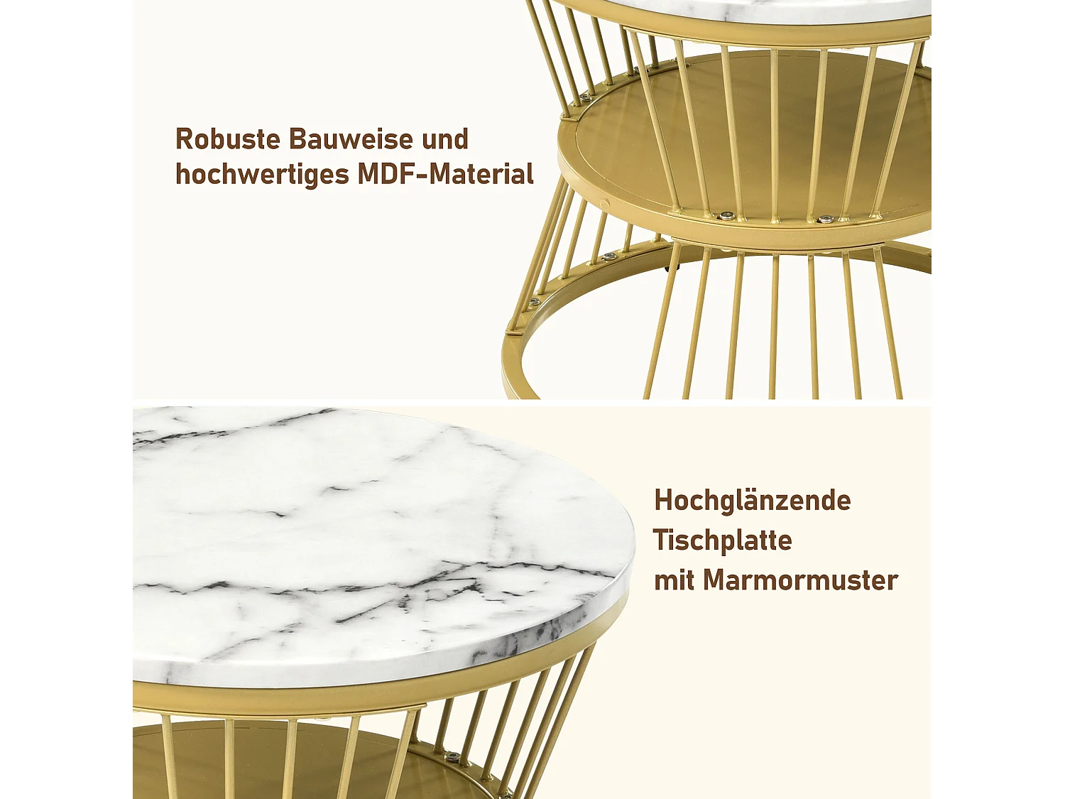 Table basse moderne à empilement, plateau marbré, MDF, blanc, cadre doré (70x70x47cm)