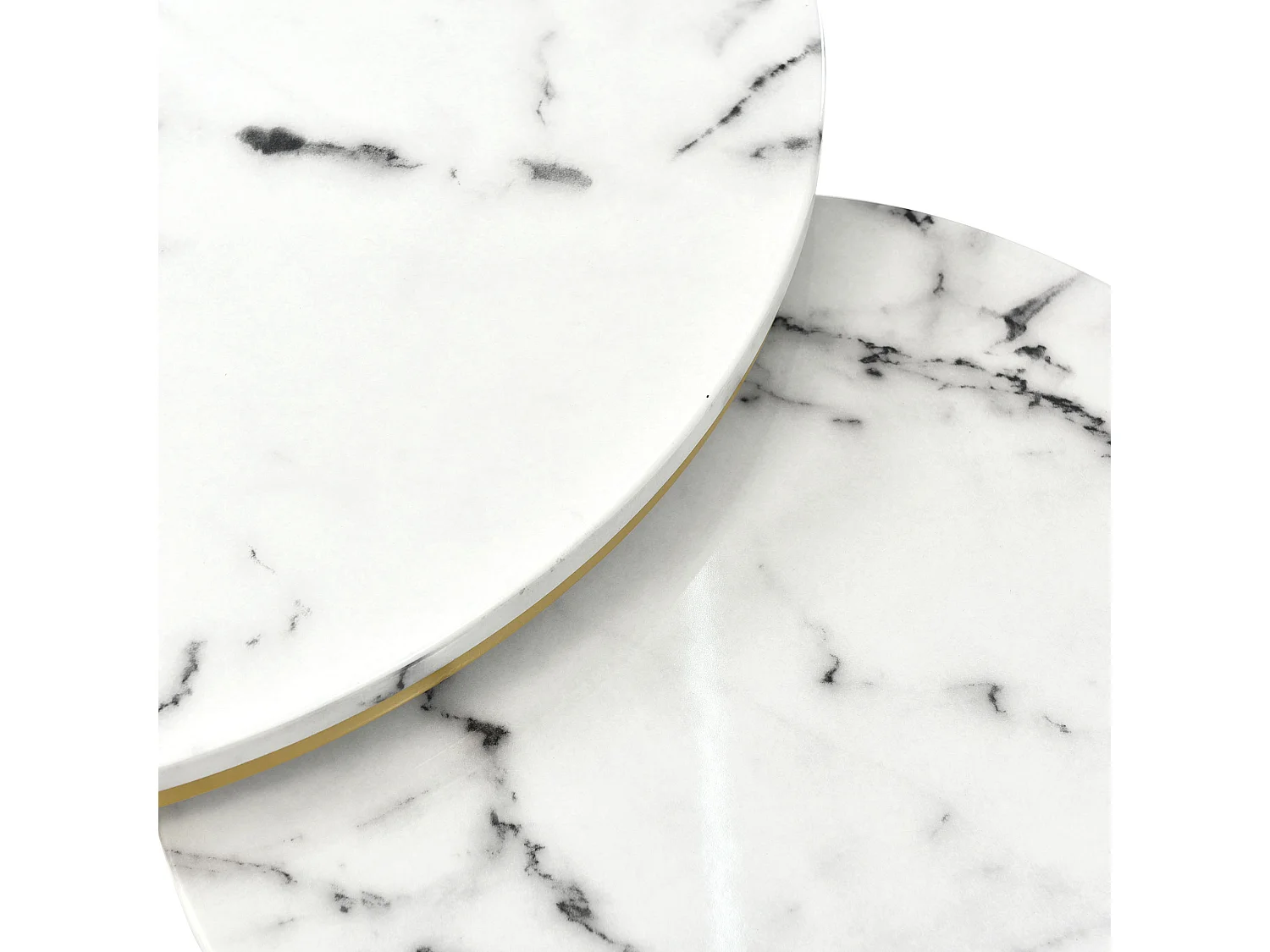 Table basse moderne à empilement, plateau marbré, MDF, blanc, cadre doré (70x70x47cm)