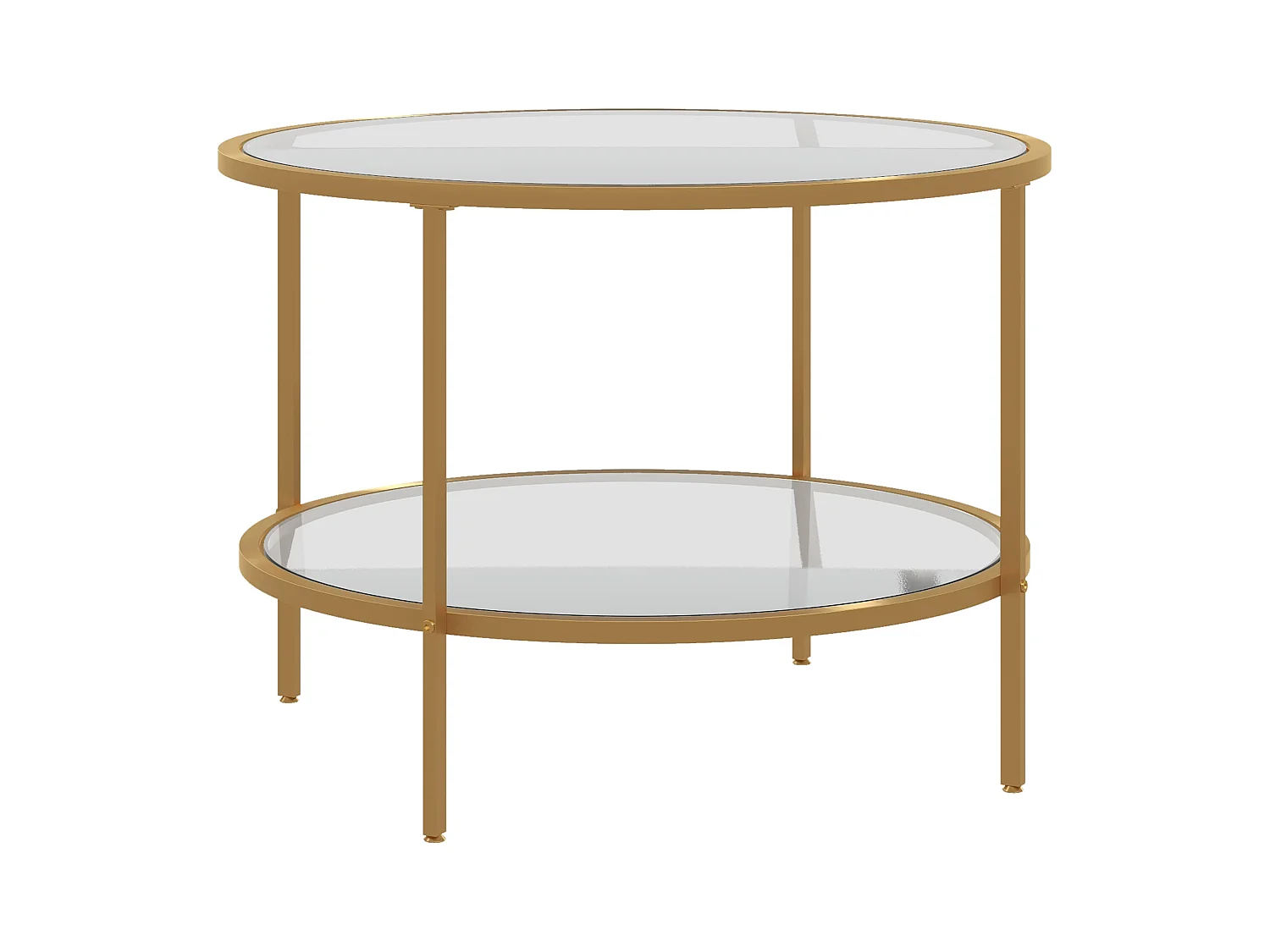 Mesa auxiliar redonda con estante, diseño elegante, cristal y acero, color dorado (60x60x43 cm)