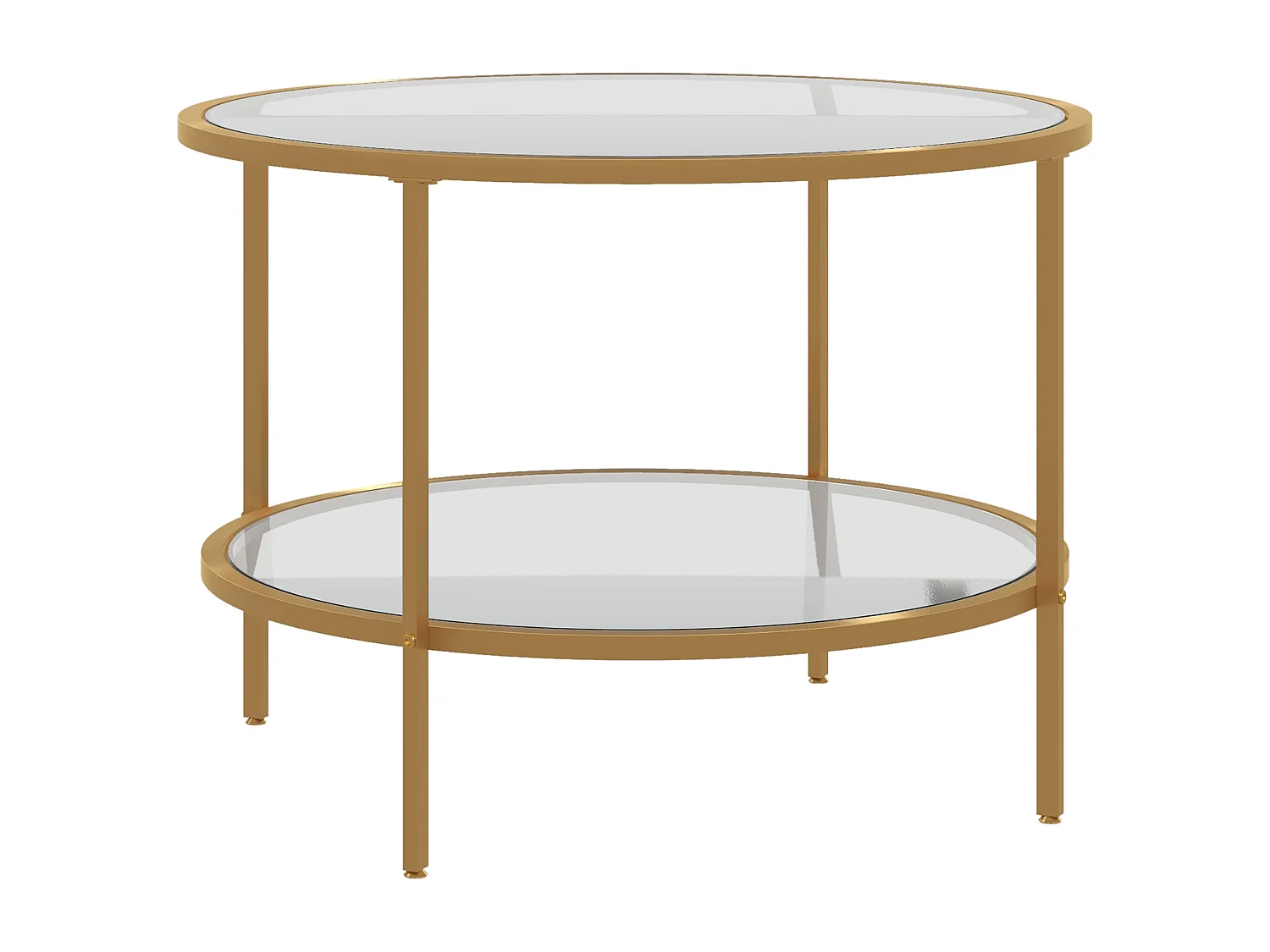 Ronde bijzettafel met plank, elegant design, glas en staal, goud (60x60x43 cm)