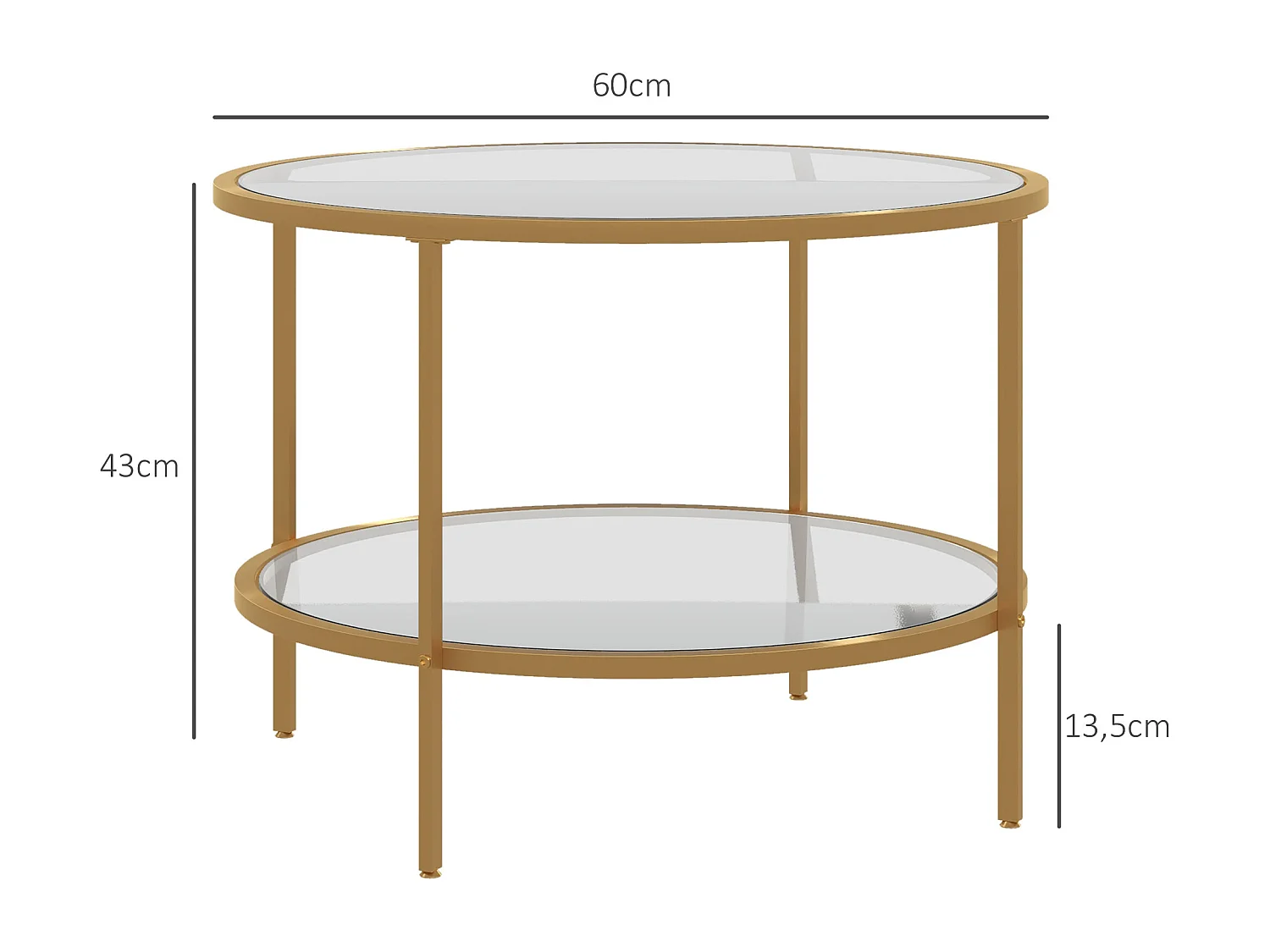 Ronde bijzettafel met plank, elegant design, glas en staal, goud (60x60x43 cm)