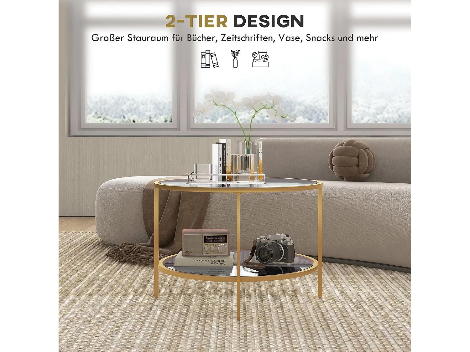 Ronde bijzettafel met plank, elegant design, glas en staal, goud (60x60x43 cm)