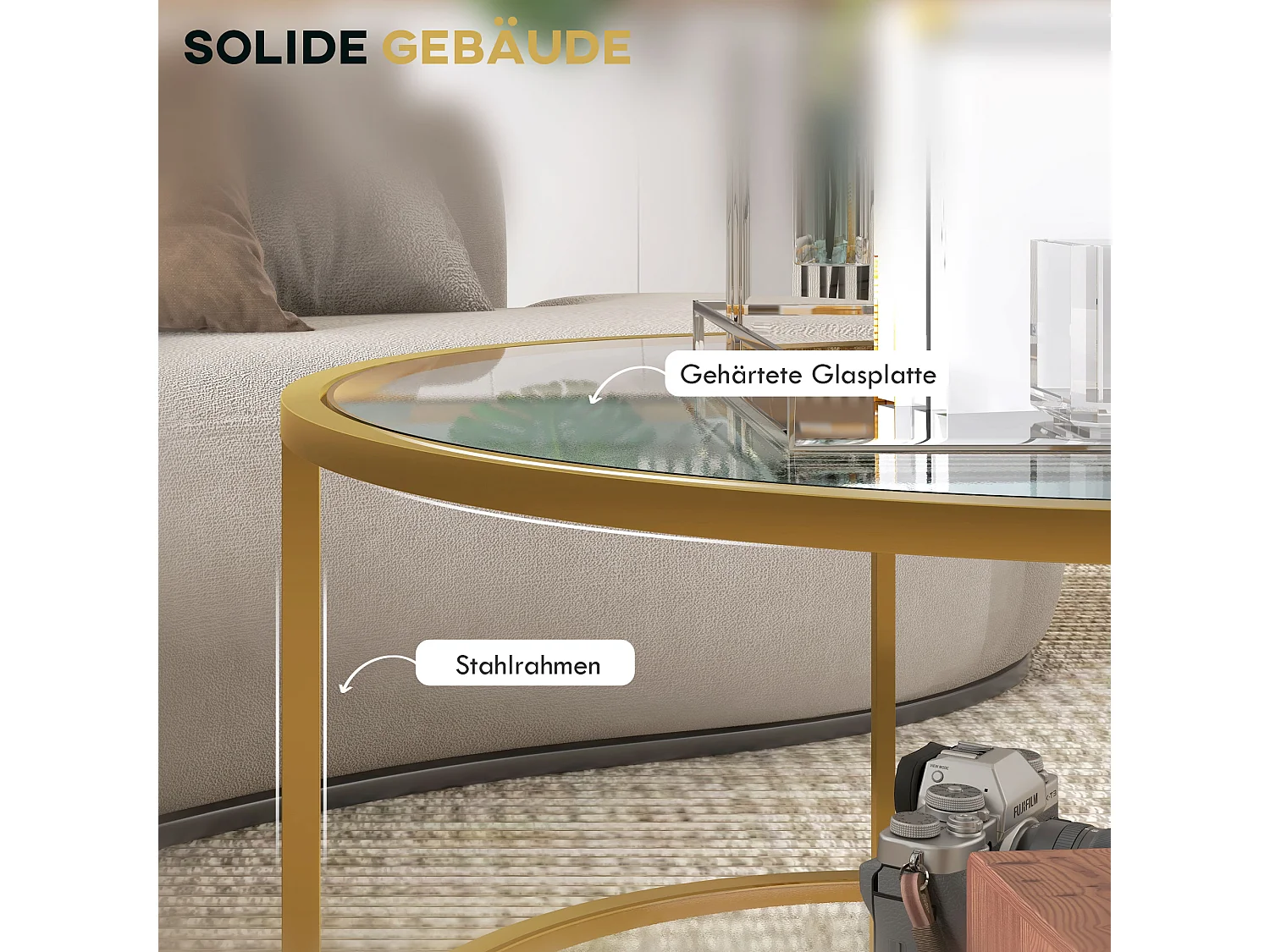 Ronde bijzettafel met plank, elegant design, glas en staal, goud (60x60x43 cm)