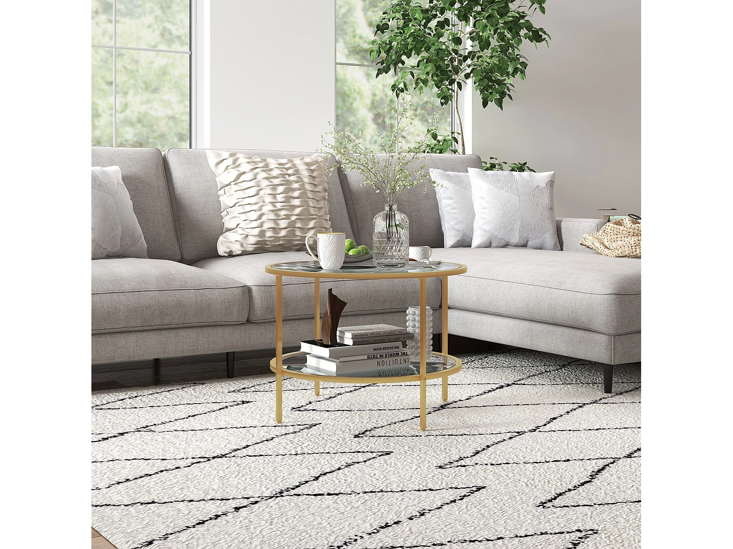 Ronde bijzettafel met plank, elegant design, glas en staal, goud (60x60x43 cm)