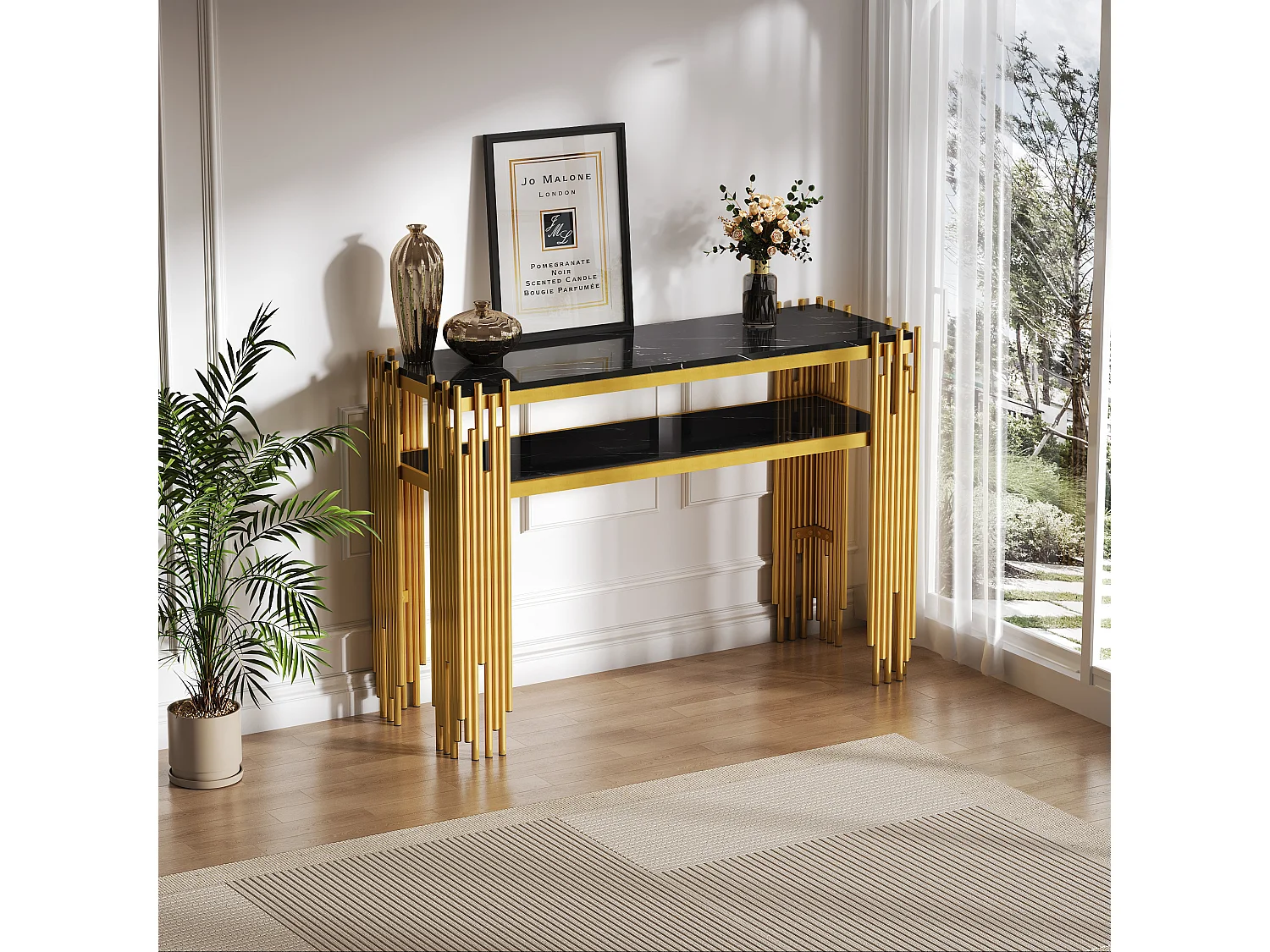 Mesa auxiliar de diseño de mediados de siglo, estructura negra con patas doradas, MDF, 124x44x80 cm