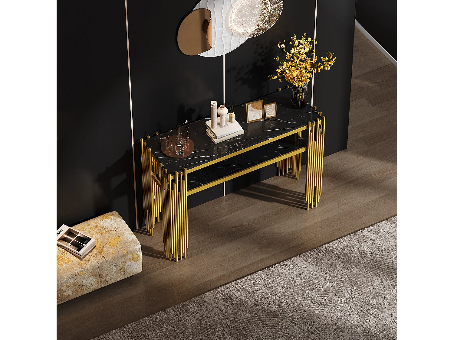 Mesa auxiliar de diseño de mediados de siglo, estructura negra con patas doradas, MDF, 124x44x80 cm