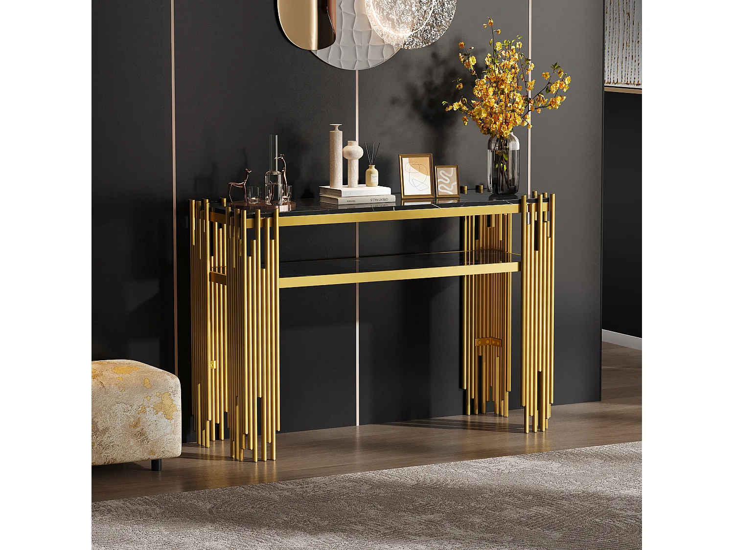 Mesa auxiliar de diseño de mediados de siglo, estructura negra con patas doradas, MDF, 124x44x80 cm