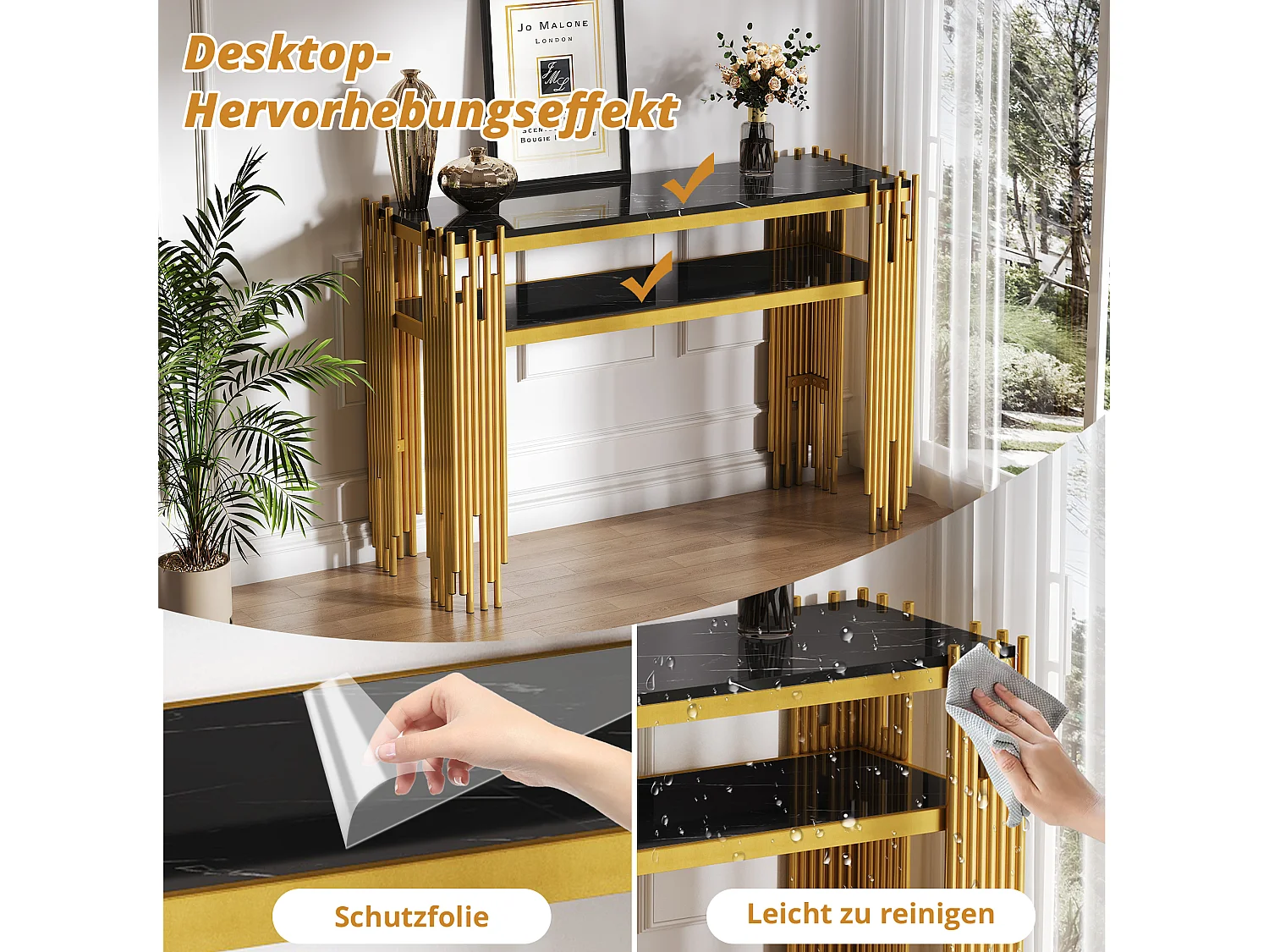 Mesa auxiliar de diseño de mediados de siglo, estructura negra con patas doradas, MDF, 124x44x80 cm