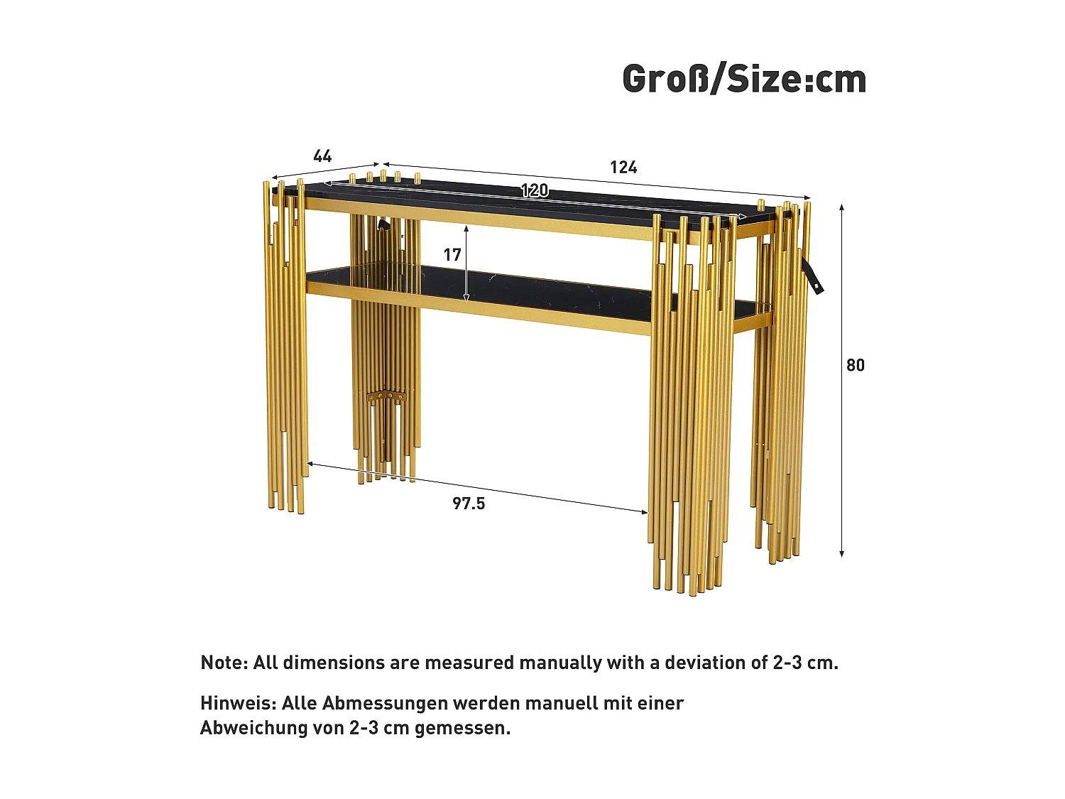 Mesa auxiliar de diseño de mediados de siglo, estructura negra con patas doradas, MDF, 124x44x80 cm