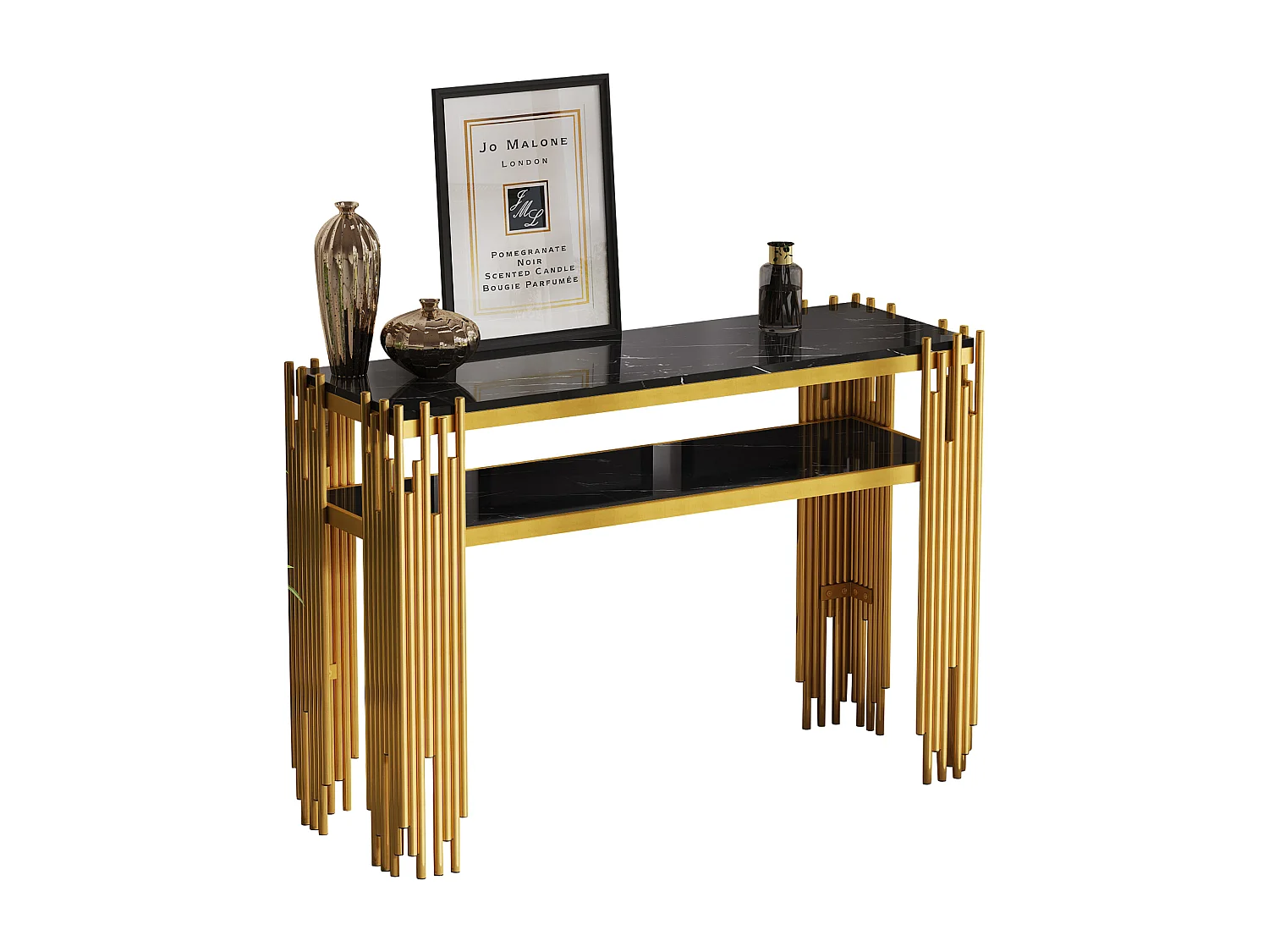 Mesa auxiliar de diseño de mediados de siglo, estructura negra con patas doradas, MDF, 124x44x80 cm