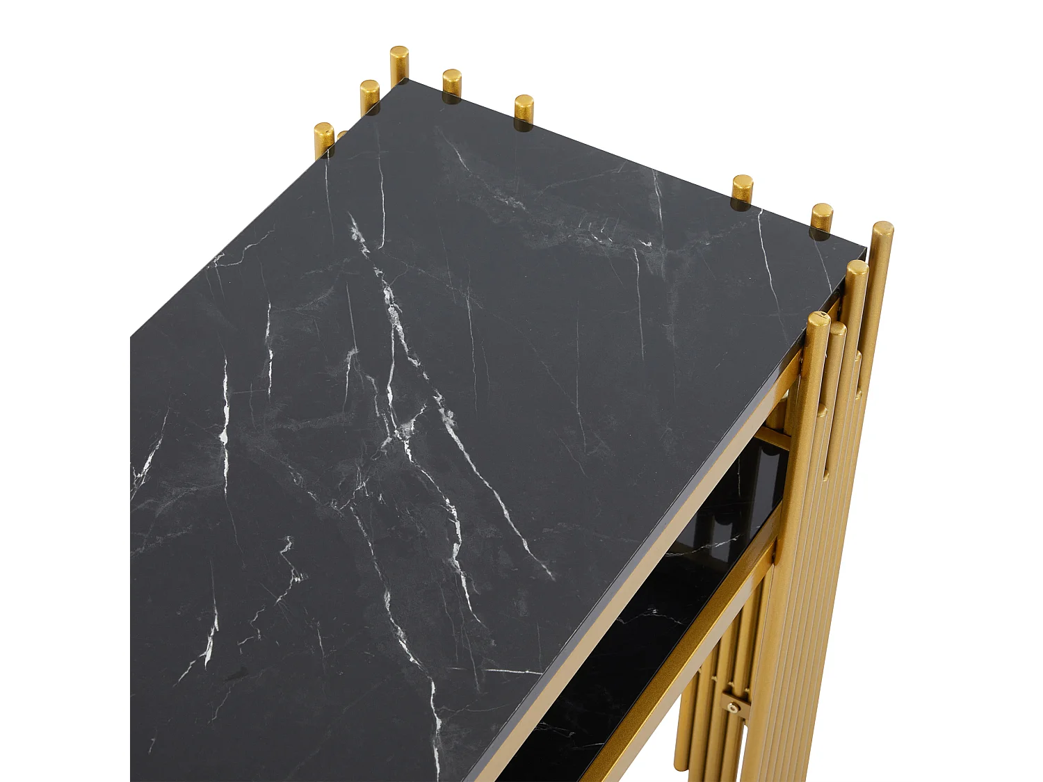 Mesa auxiliar de diseño de mediados de siglo, estructura negra con patas doradas, MDF, 124x44x80 cm