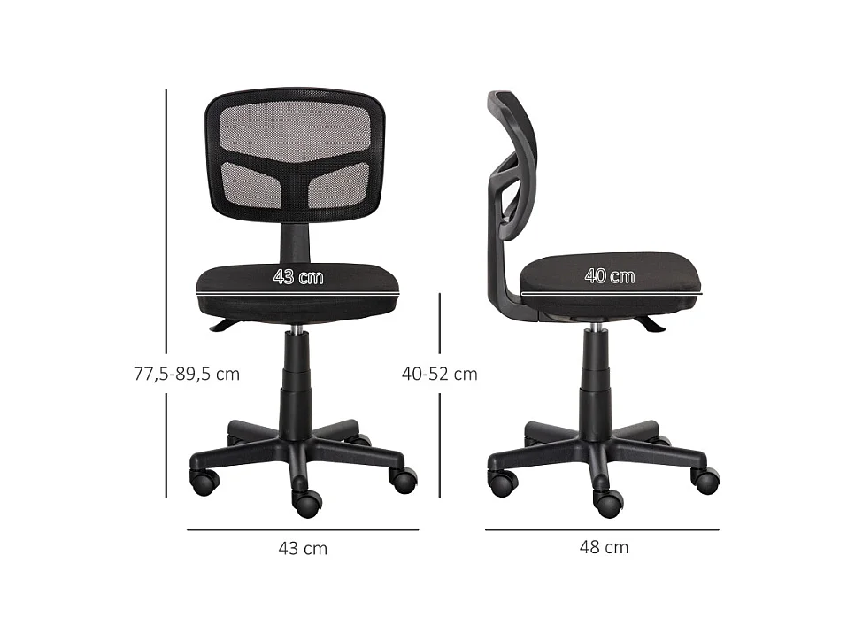 Chaise de bureau ergonomique, réglable en hauteur, tissu, noir (43x48x89.5cm)