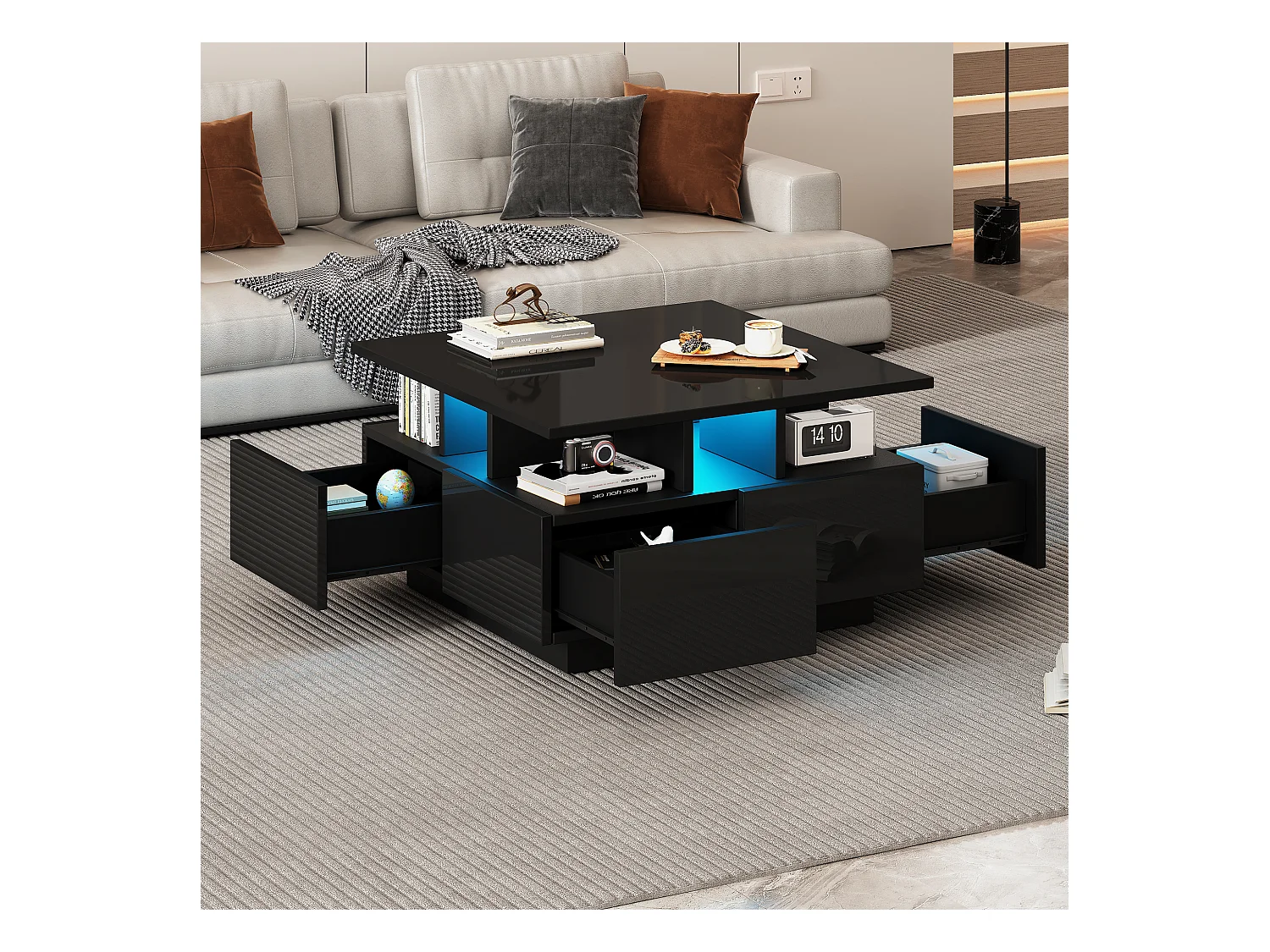 Table basse design géométrique avec LED, 4 tiroirs et plateau haut brillant, panneau de particules, noir (70x70x40cm)