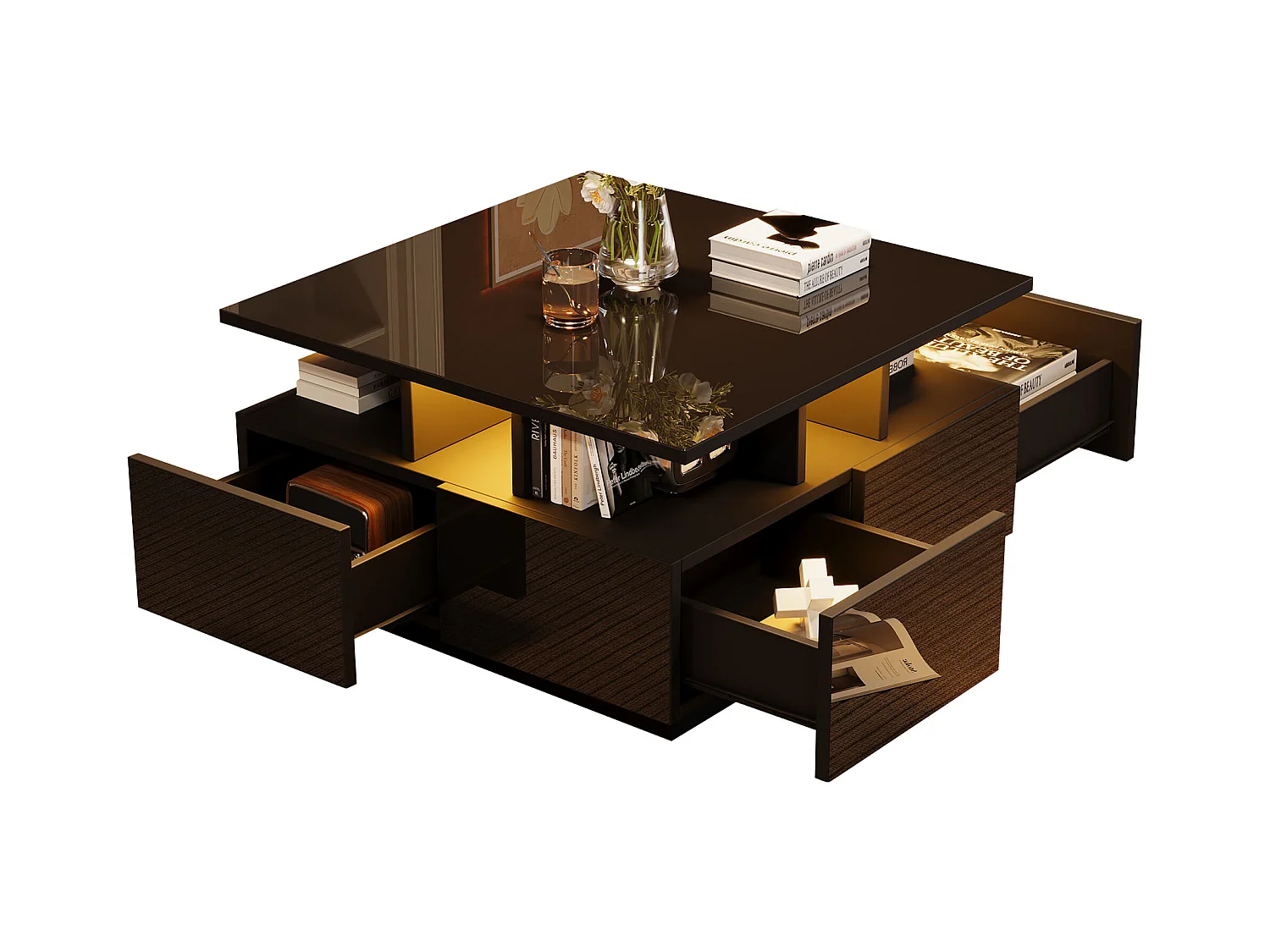 Geometrisch design salontafel met LED, 4 lades en hoogglans blad, spaanplaat, zwart (70x70x40cm)