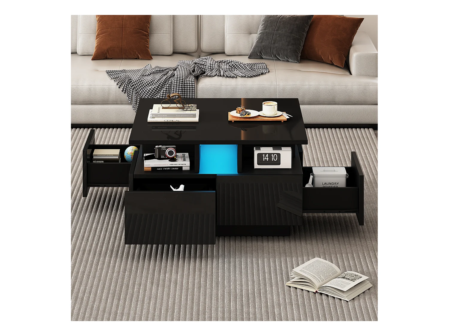 Geometrisch design salontafel met LED, 4 lades en hoogglans blad, spaanplaat, zwart (70x70x40cm)