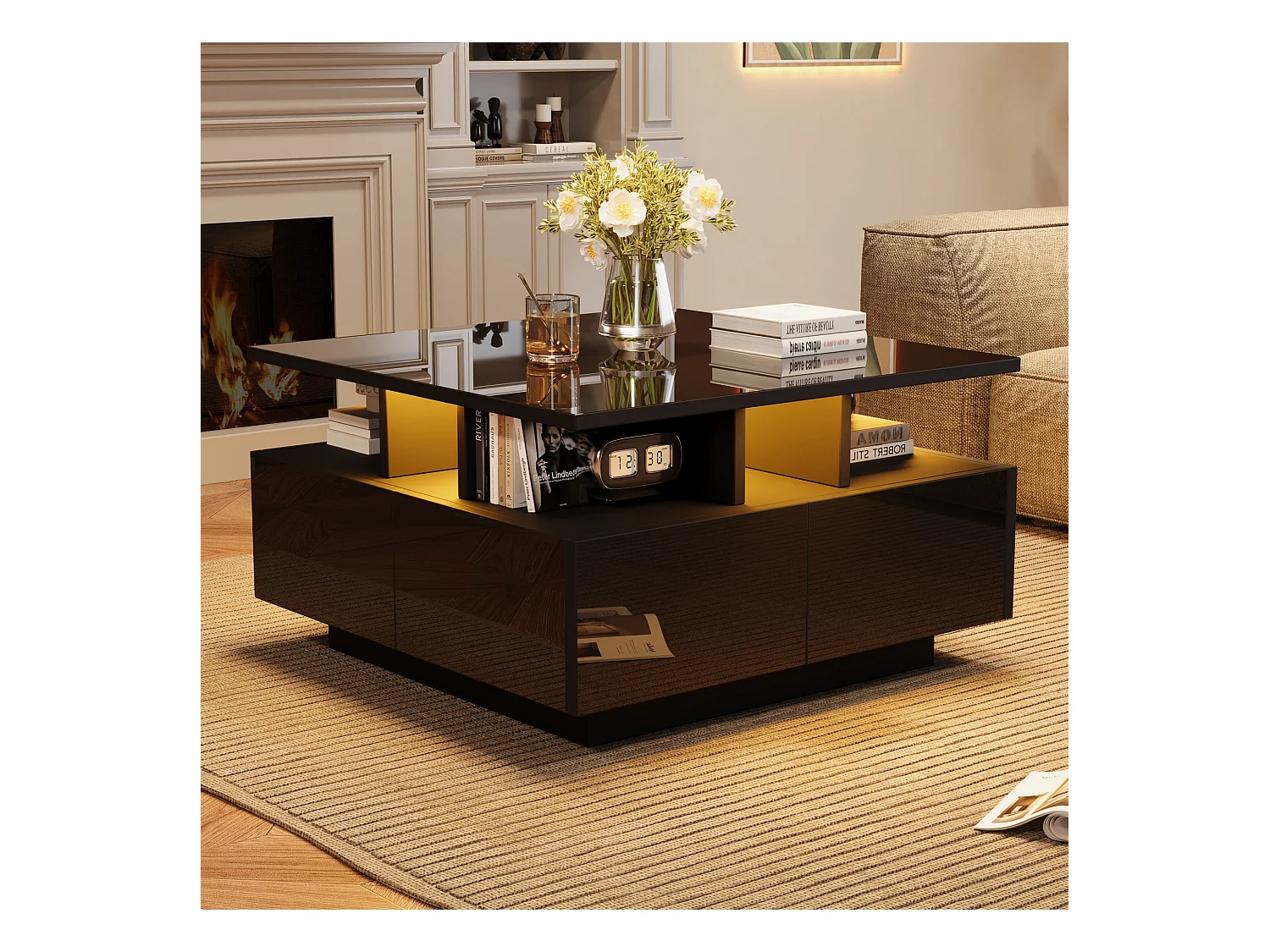 Geometrisch design salontafel met LED, 4 lades en hoogglans blad, spaanplaat, zwart (70x70x40cm)