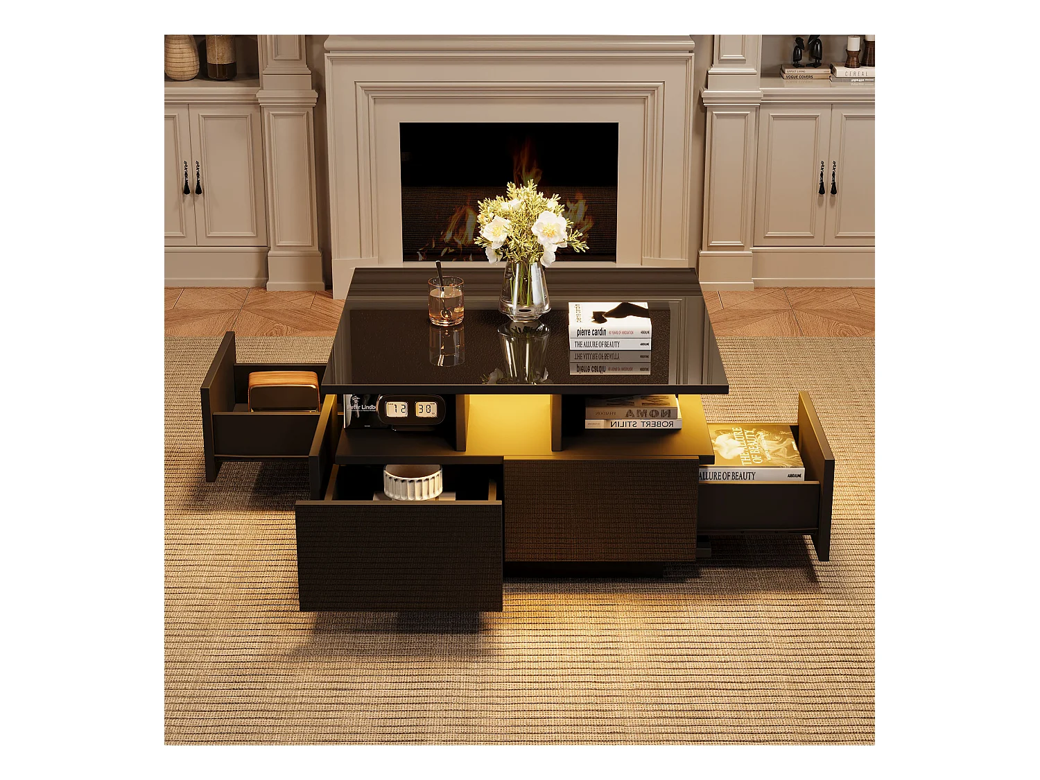 Geometrisch design salontafel met LED, 4 lades en hoogglans blad, spaanplaat, zwart (70x70x40cm)