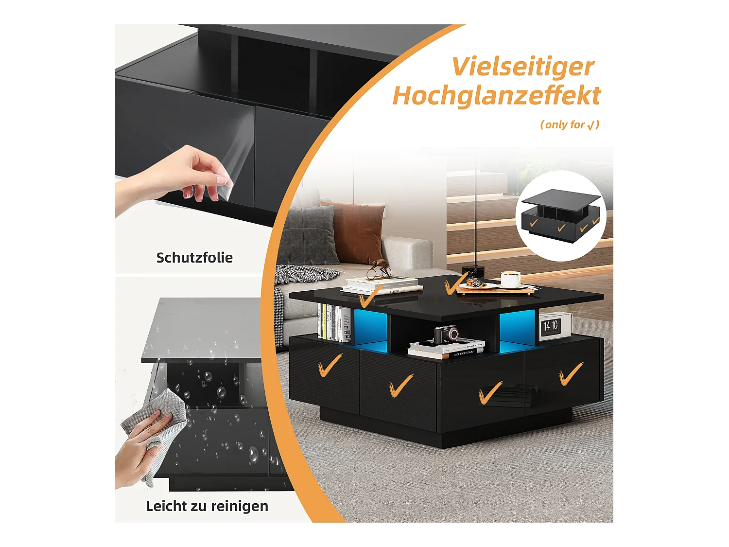 Geometrisch design salontafel met LED, 4 lades en hoogglans blad, spaanplaat, zwart (70x70x40cm)