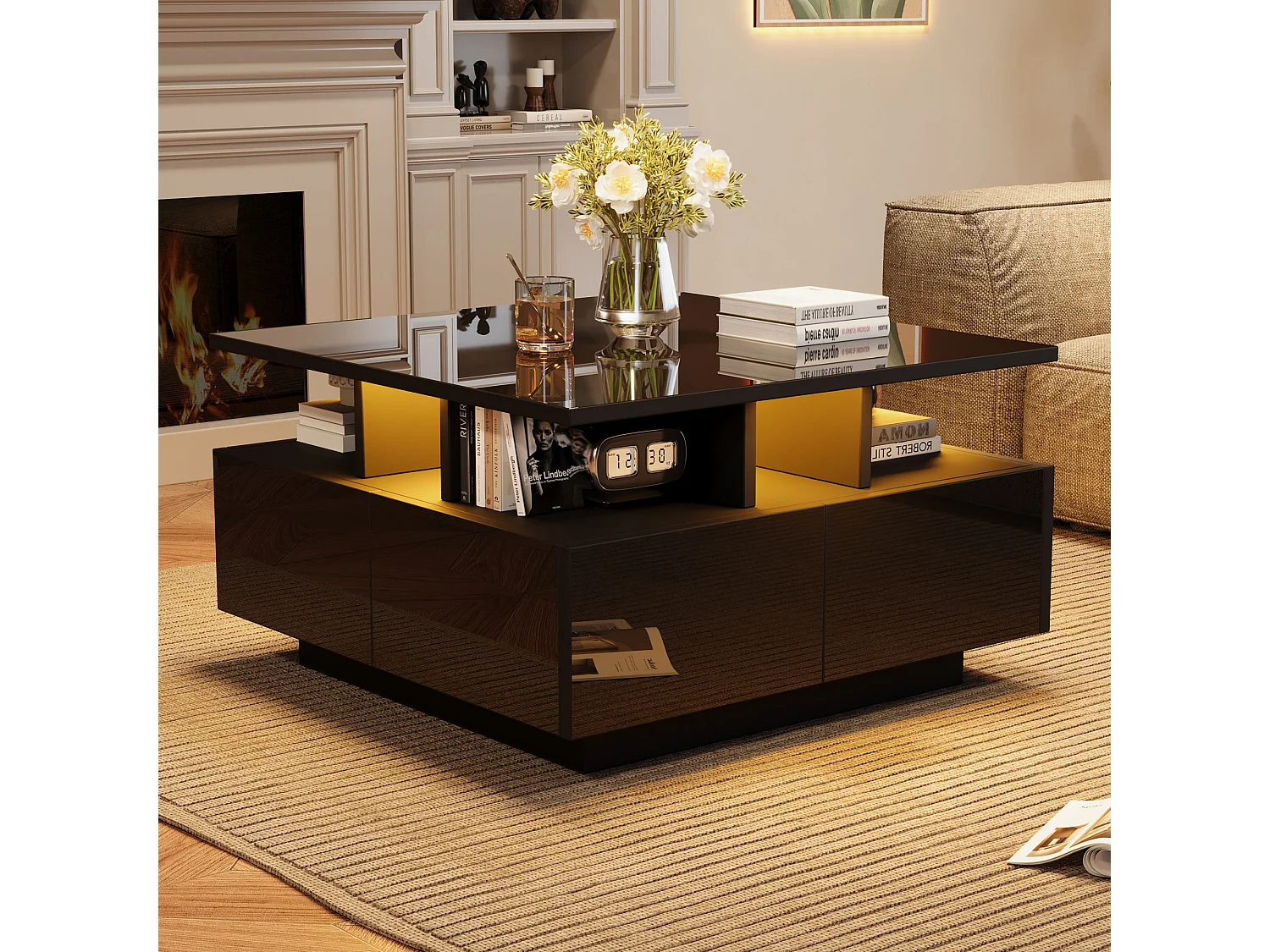 Mesa de centro de diseño geométrico con LED, 4 cajones y tablero de alto brillo, tablero de partículas, color negro (70x70x40cm)