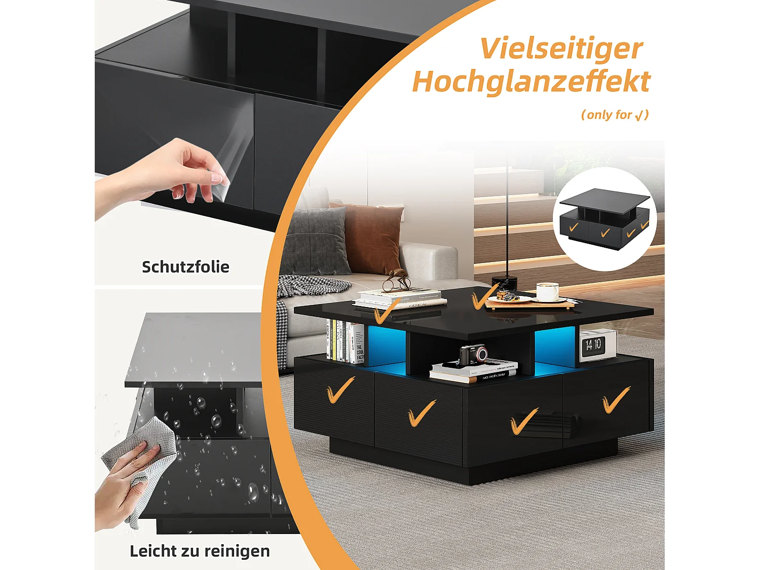 Mesa de centro de diseño geométrico con LED, 4 cajones y tablero de alto brillo, tablero de partículas, color negro (70x70x40cm)