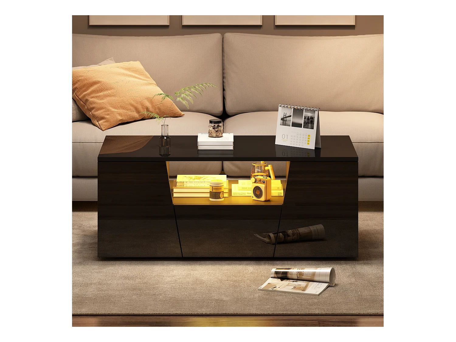 Table basse design irrégulier avec LED, 2 armoires et 1 tiroir, panneau de particules, noir (100x50x40cm)