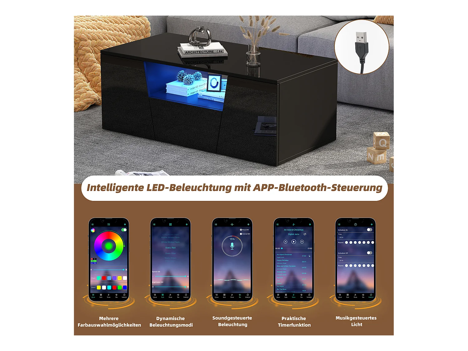 Table basse design irrégulier avec LED, 2 armoires et 1 tiroir, panneau de particules, noir (100x50x40cm)