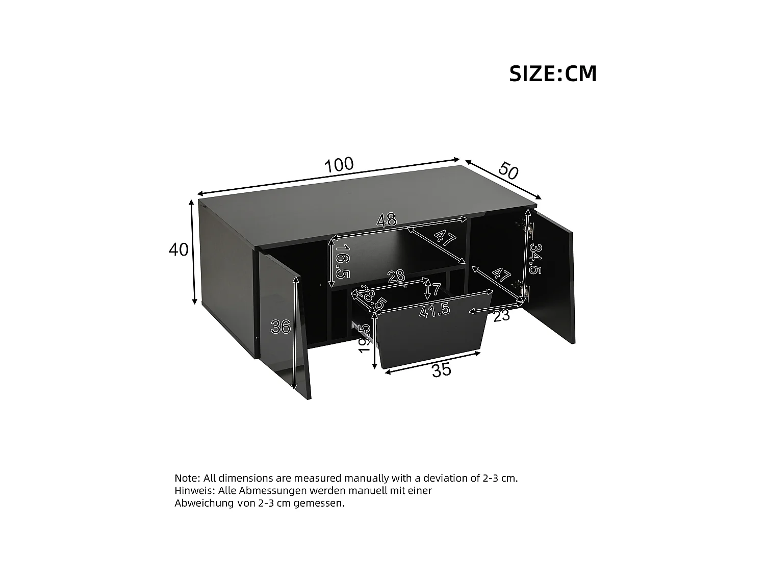 Table basse design irrégulier avec LED, 2 armoires et 1 tiroir, panneau de particules, noir (100x50x40cm)