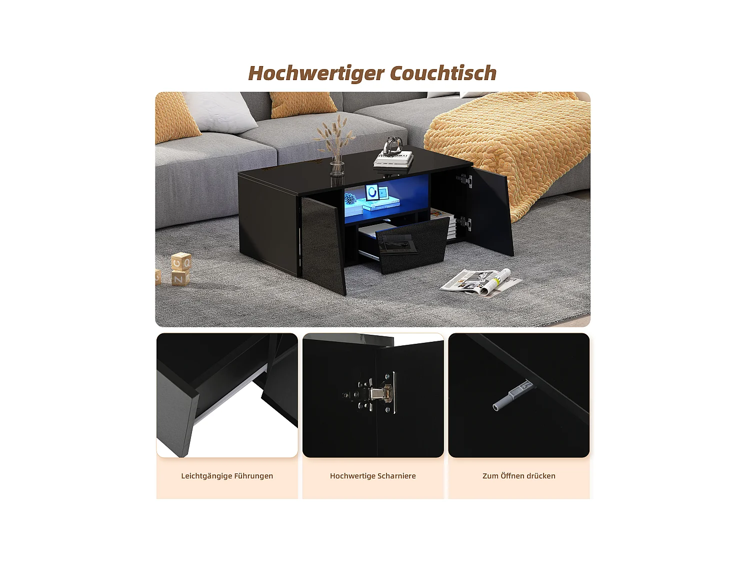 Table basse design irrégulier avec LED, 2 armoires et 1 tiroir, panneau de particules, noir (100x50x40cm)