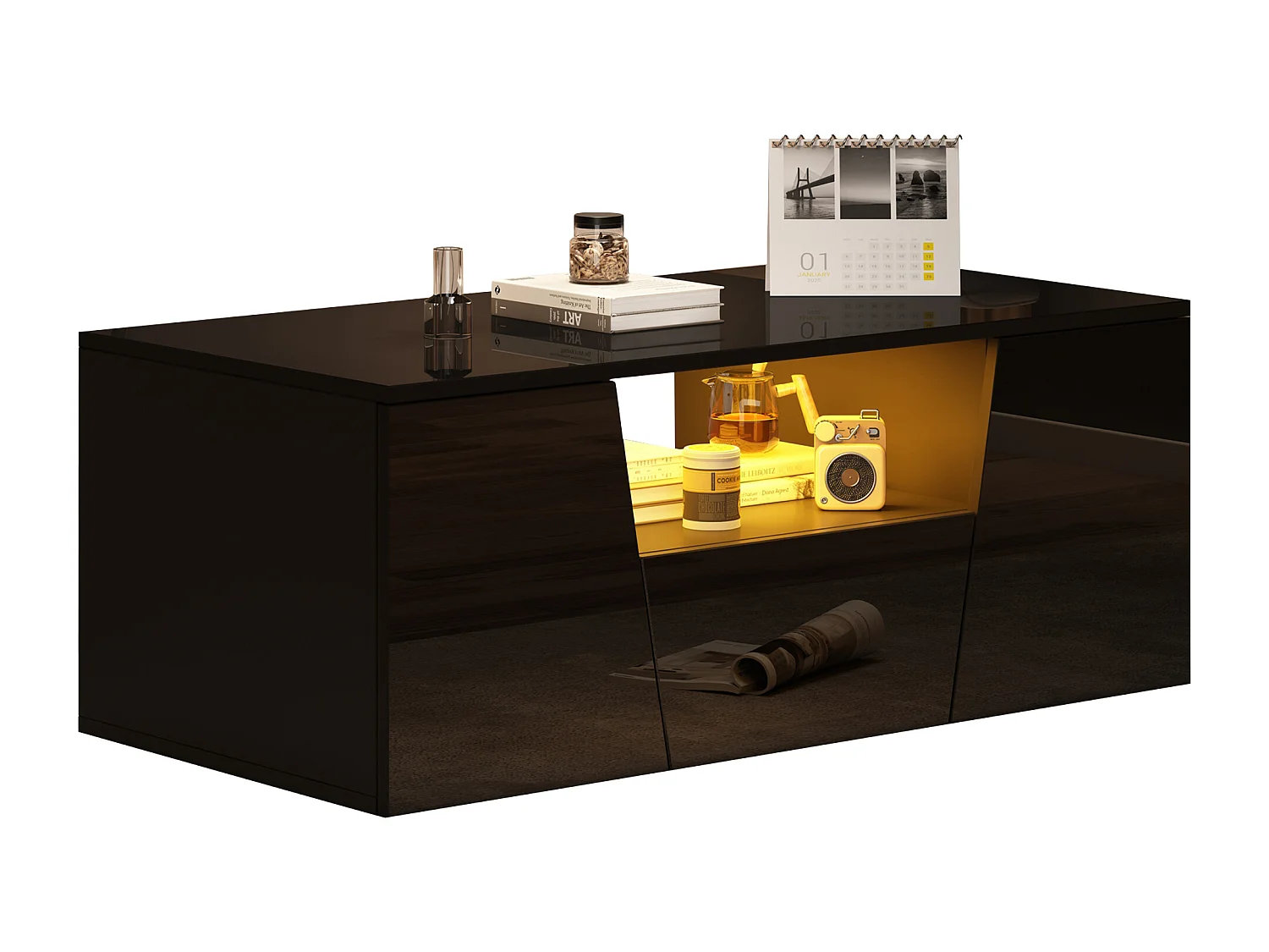 Table basse design irrégulier avec LED, 2 armoires et 1 tiroir, panneau de particules, noir (100x50x40cm)