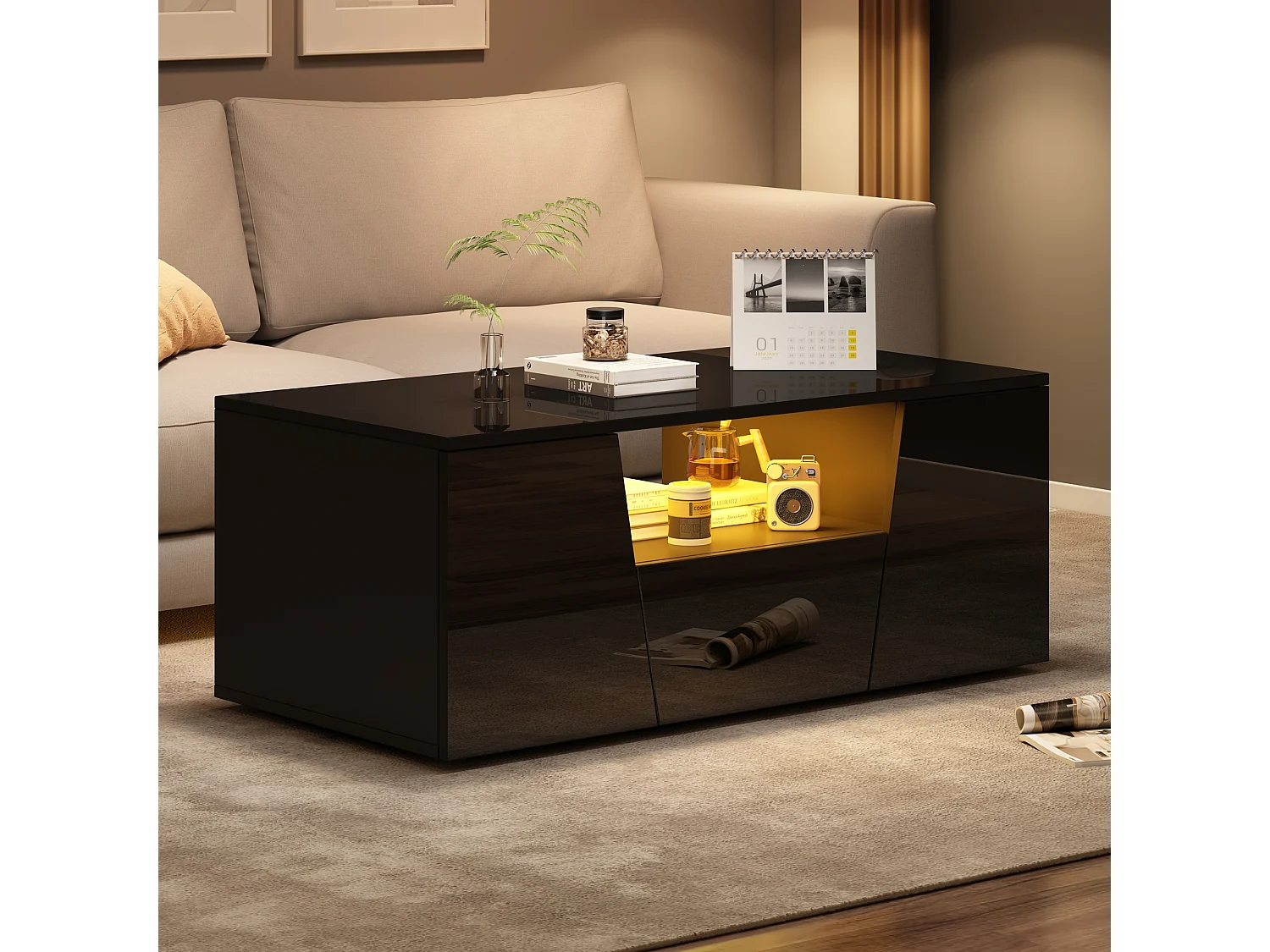 Table basse design irrégulier avec LED, 2 armoires et 1 tiroir, panneau de particules, noir (100x50x40cm)
