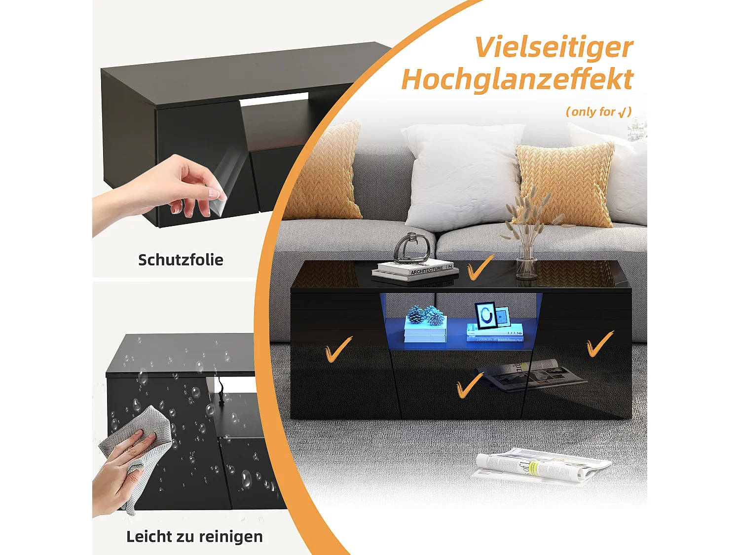 Table basse design irrégulier avec LED, 2 armoires et 1 tiroir, panneau de particules, noir (100x50x40cm)