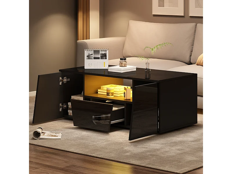 Table basse design irrégulier avec LED, 2 armoires et 1 tiroir, panneau de particules, noir (100x50x40cm)