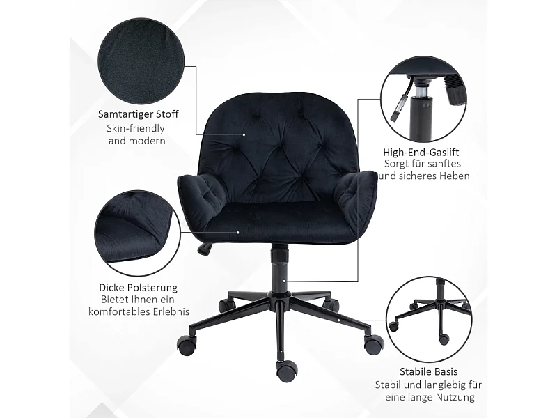 Fauteuil de bureau ergonomique, réglable en hauteur, tissu velours, noir (60x61x81-91cm)