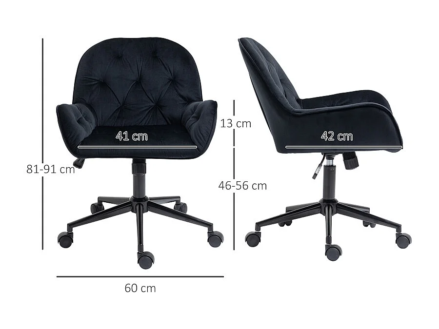 Fauteuil de bureau ergonomique, réglable en hauteur, tissu velours, noir (60x61x81-91cm)