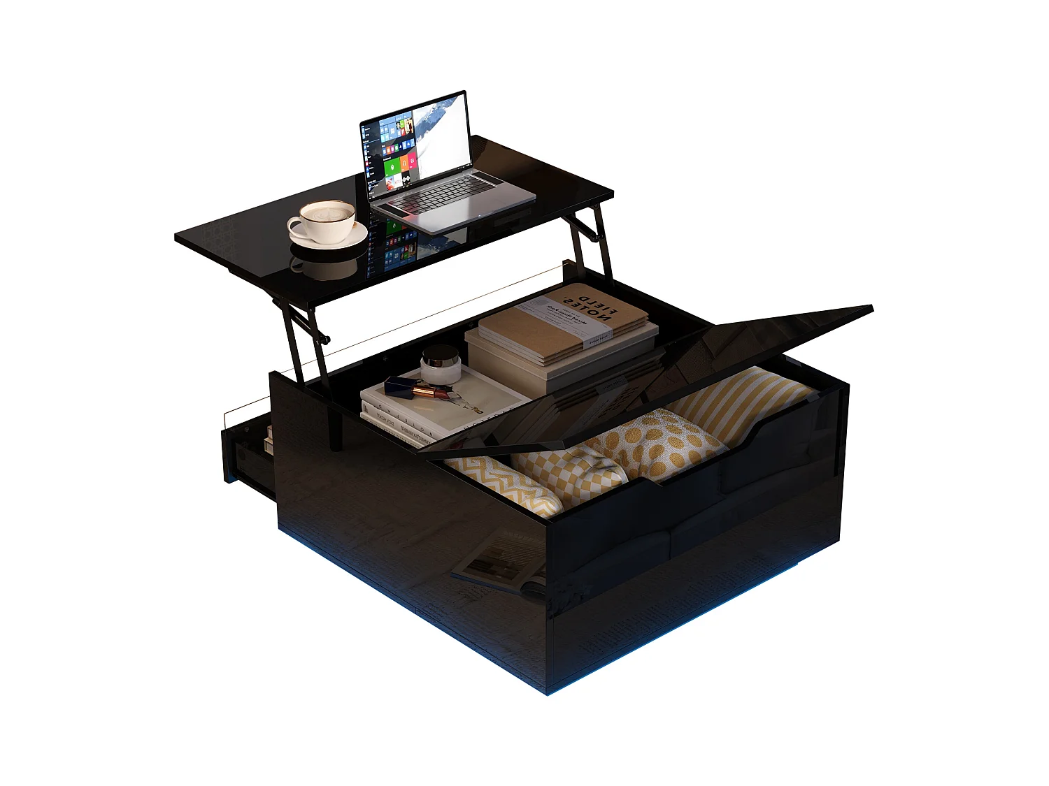 Table basse relevable avec éclairage LED, plateau haut brillant et rangement caché, panneau de particules, noir (70x70x38cm)