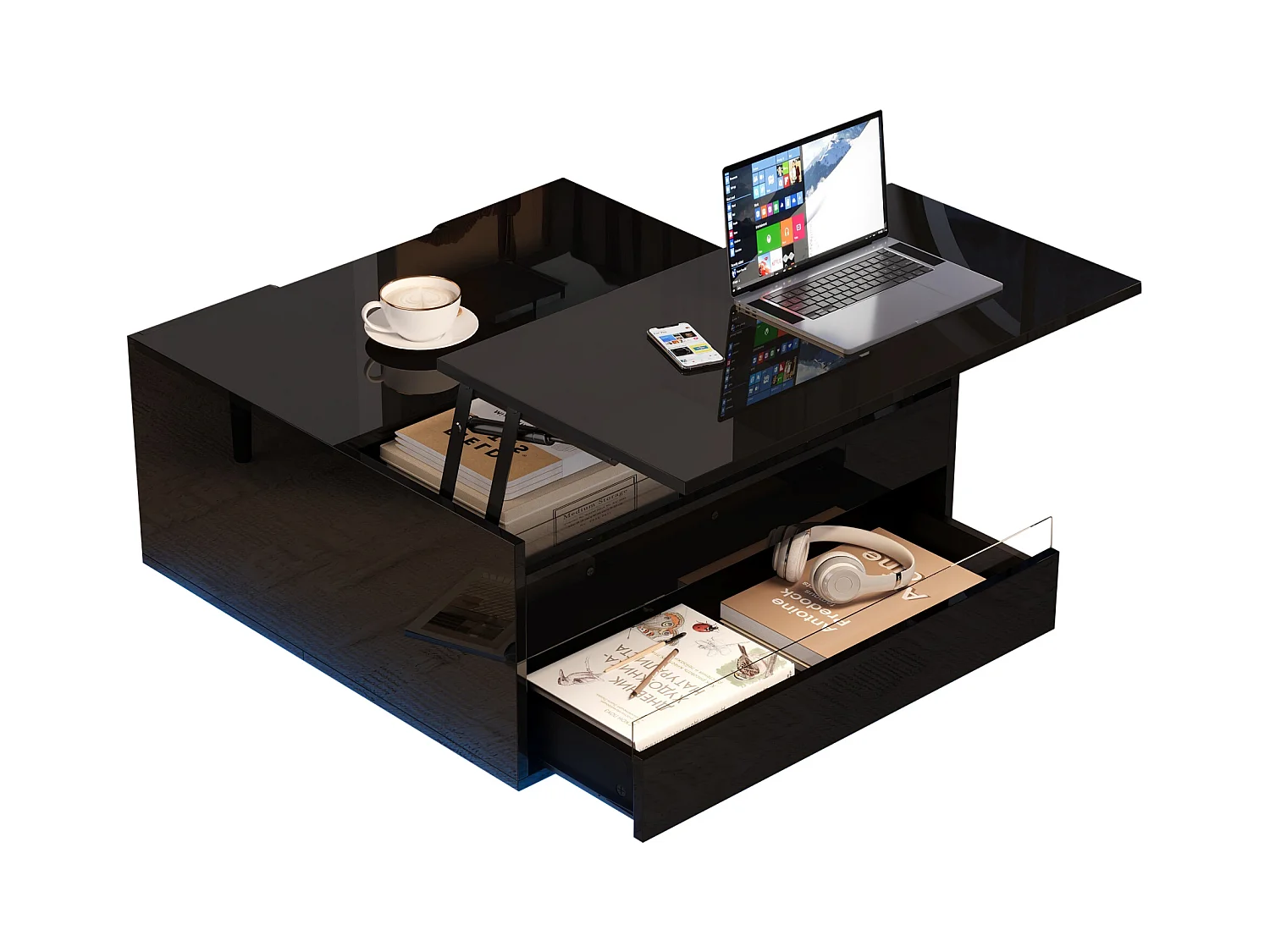 Opklapbare salontafel met ledverlichting, hoogglans blad en verborgen opbergruimte, spaanplaat, zwart (70x70x38cm)