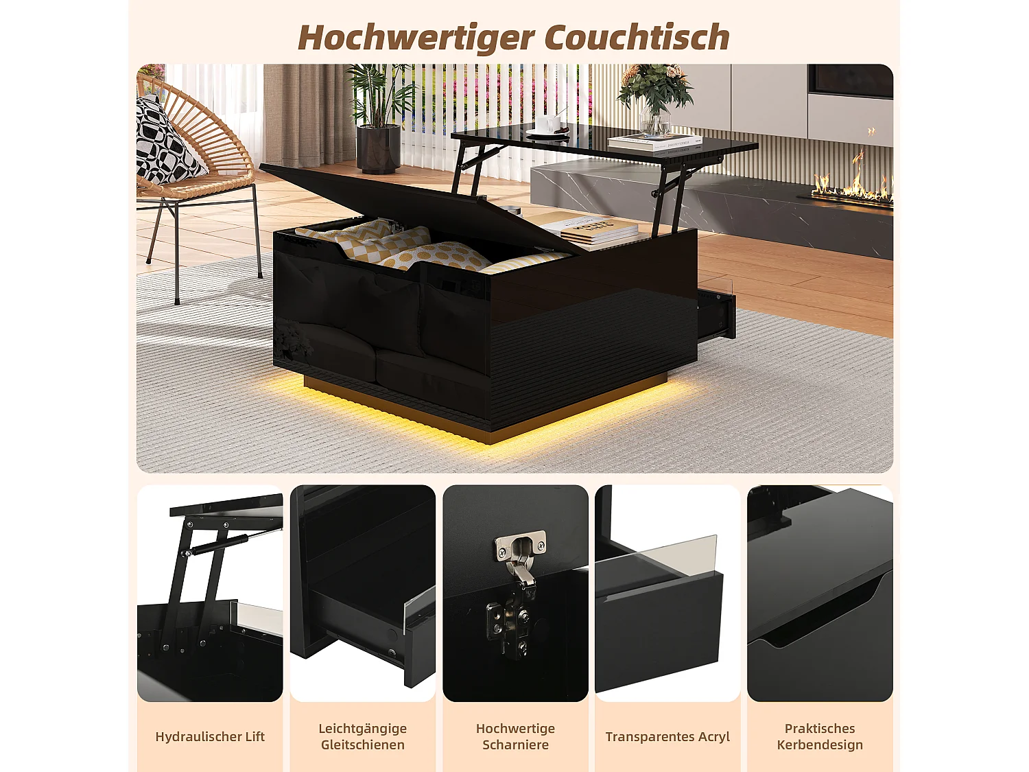 Table basse relevable avec éclairage LED, plateau haut brillant et rangement caché, panneau de particules, noir (70x70x38cm)