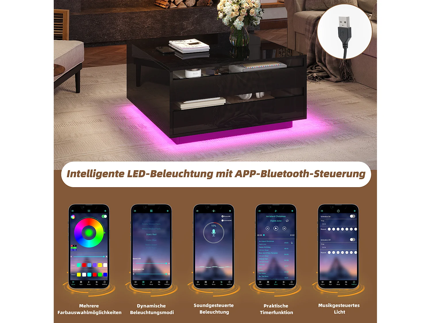 Table basse relevable avec éclairage LED, plateau haut brillant et rangement caché, panneau de particules, noir (70x70x38cm)
