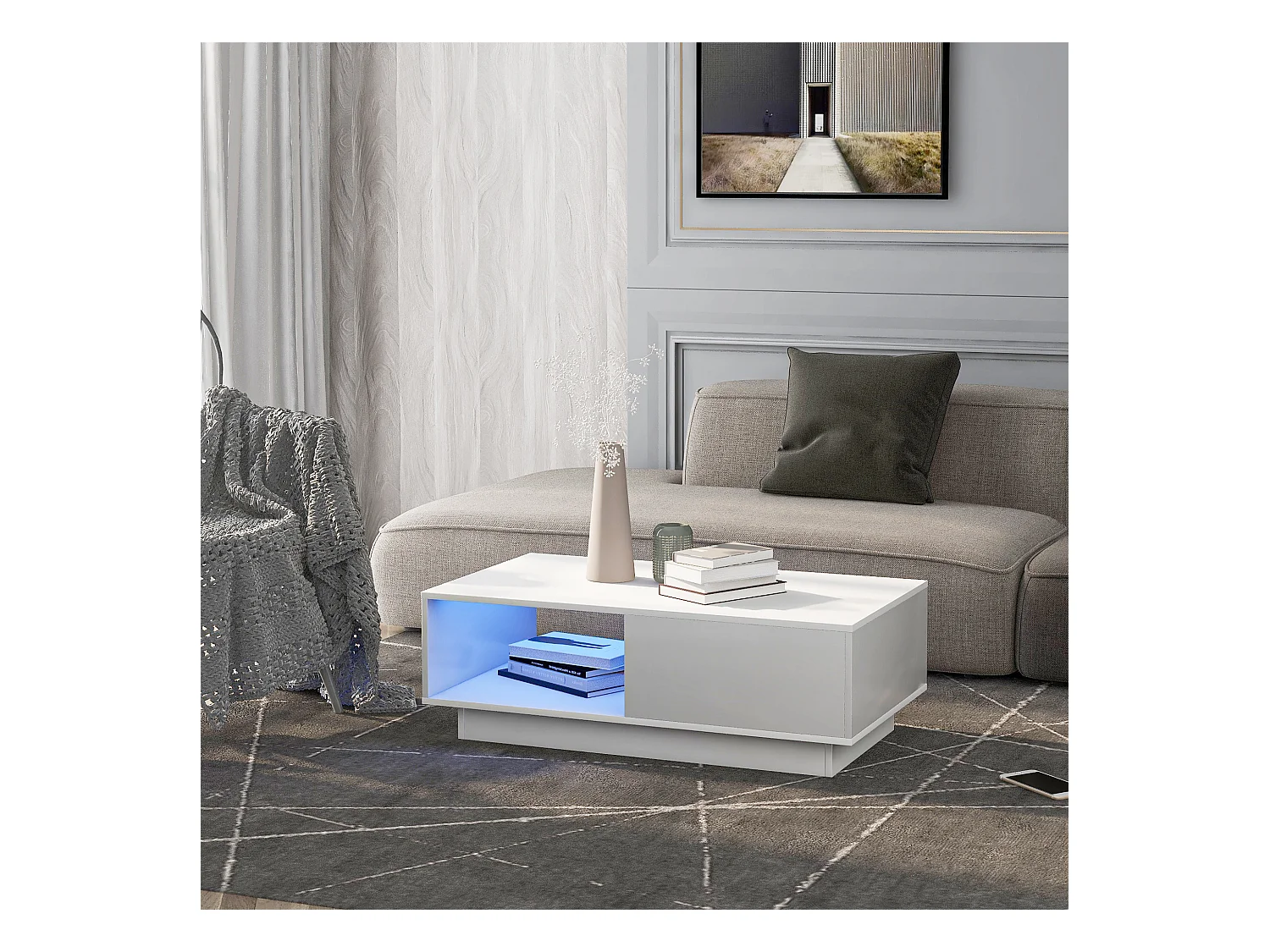 Table basse moderne, design épuré avec éclairage LED, panneau de particules, blanc (95x55x32 cm)