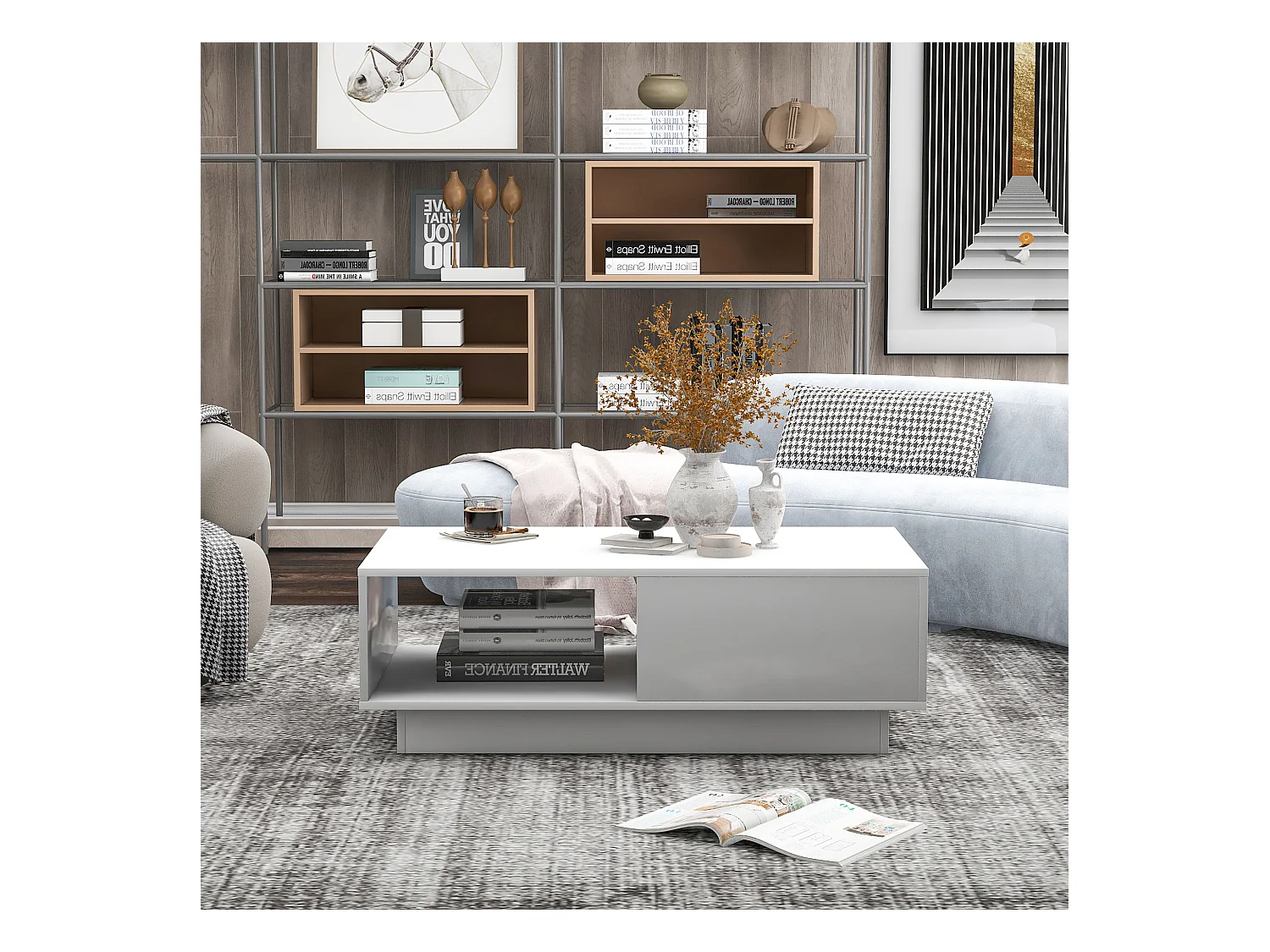 Table basse moderne, design épuré avec éclairage LED, panneau de particules, blanc (95x55x32 cm)