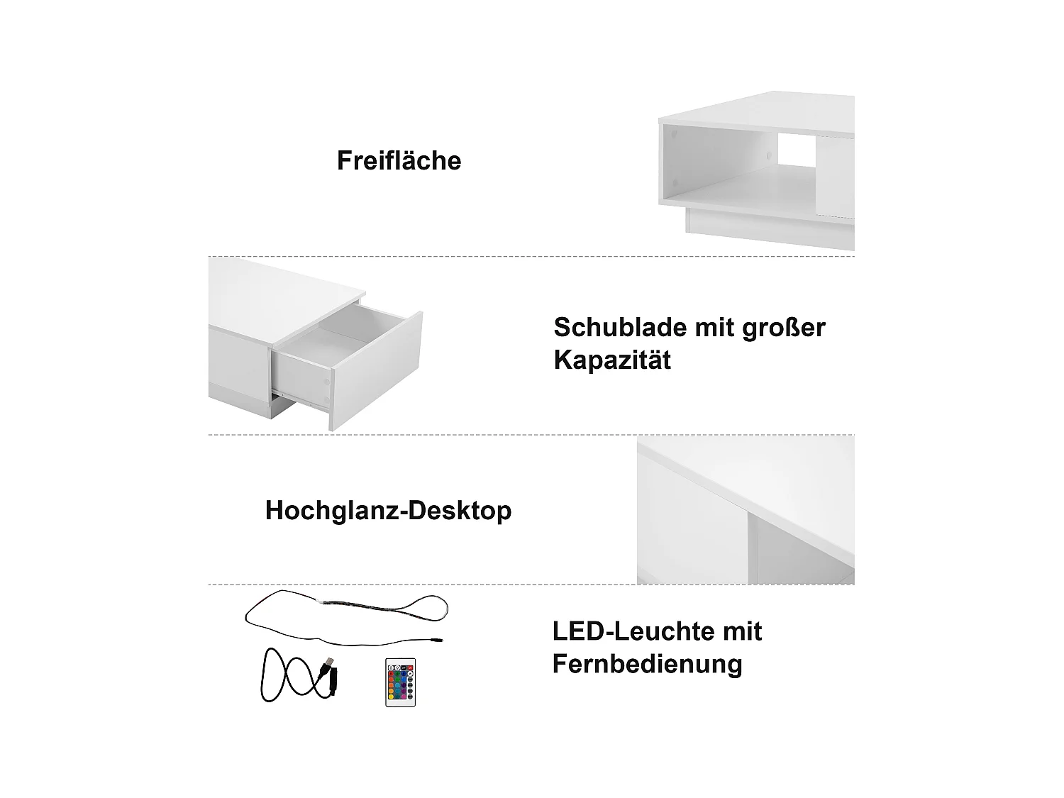 Table basse moderne, design épuré avec éclairage LED, panneau de particules, blanc (95x55x32 cm)